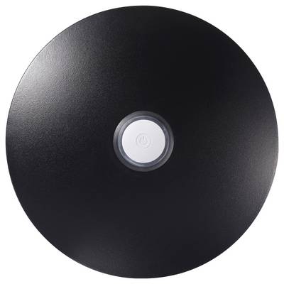 A black circular object with a central power button in white.