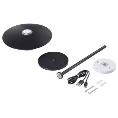 LED reading lamp components including a black circular base, USB cable, light rod, mounting plate, and screws.