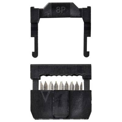 A black plastic punch-down tool, labeled '8P', used for connecting network cables, is shown in open position, displaying metal prongs.