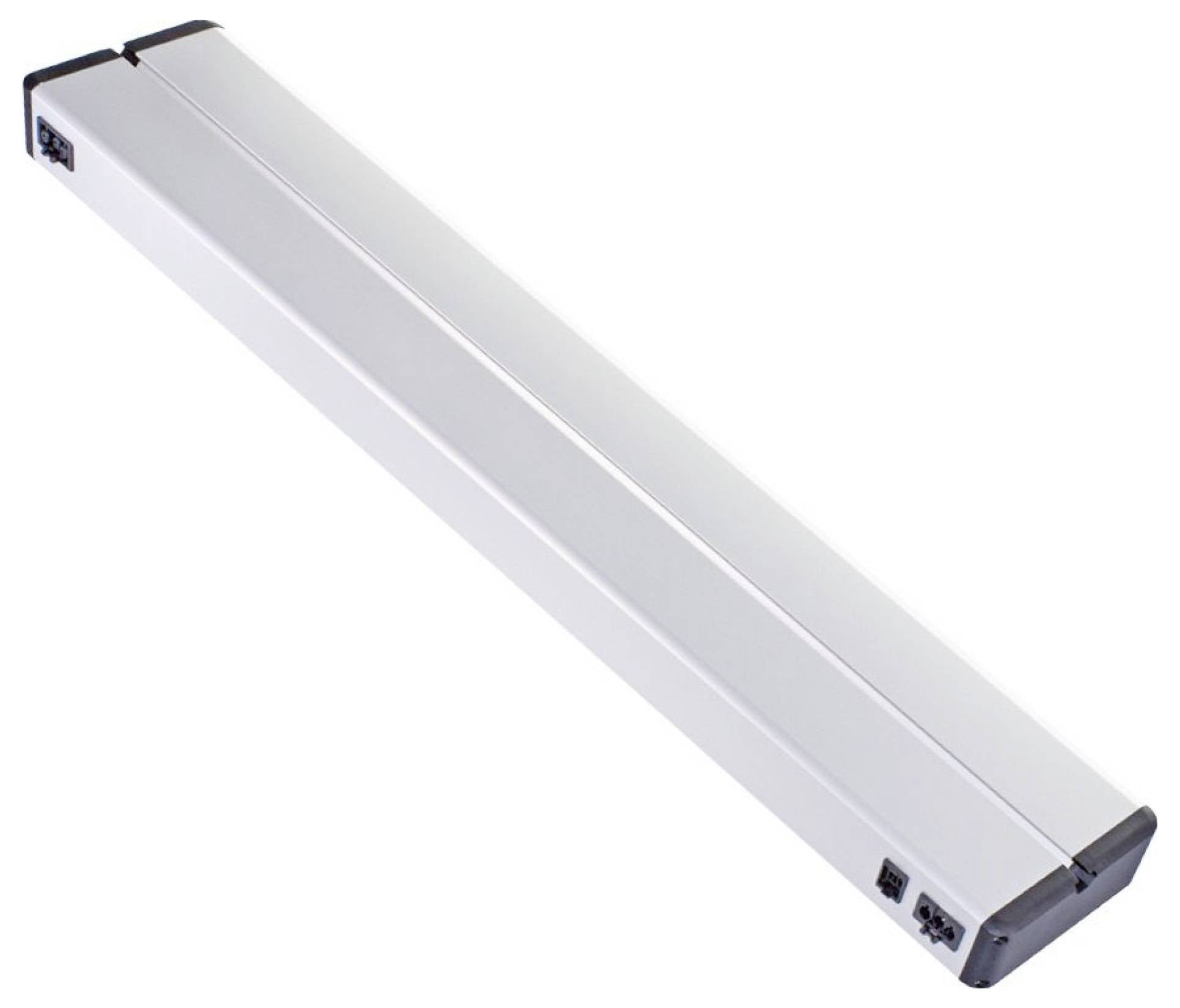 A long, rectangular, silver-coloured enclosure with black end caps and connections on the sides, possibly an electronic component.