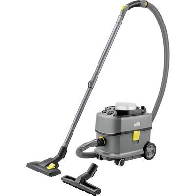 A grey vacuum cleaner with yellow accents, including a long hose and floor nozzle, with an additional brush attachment beside it.