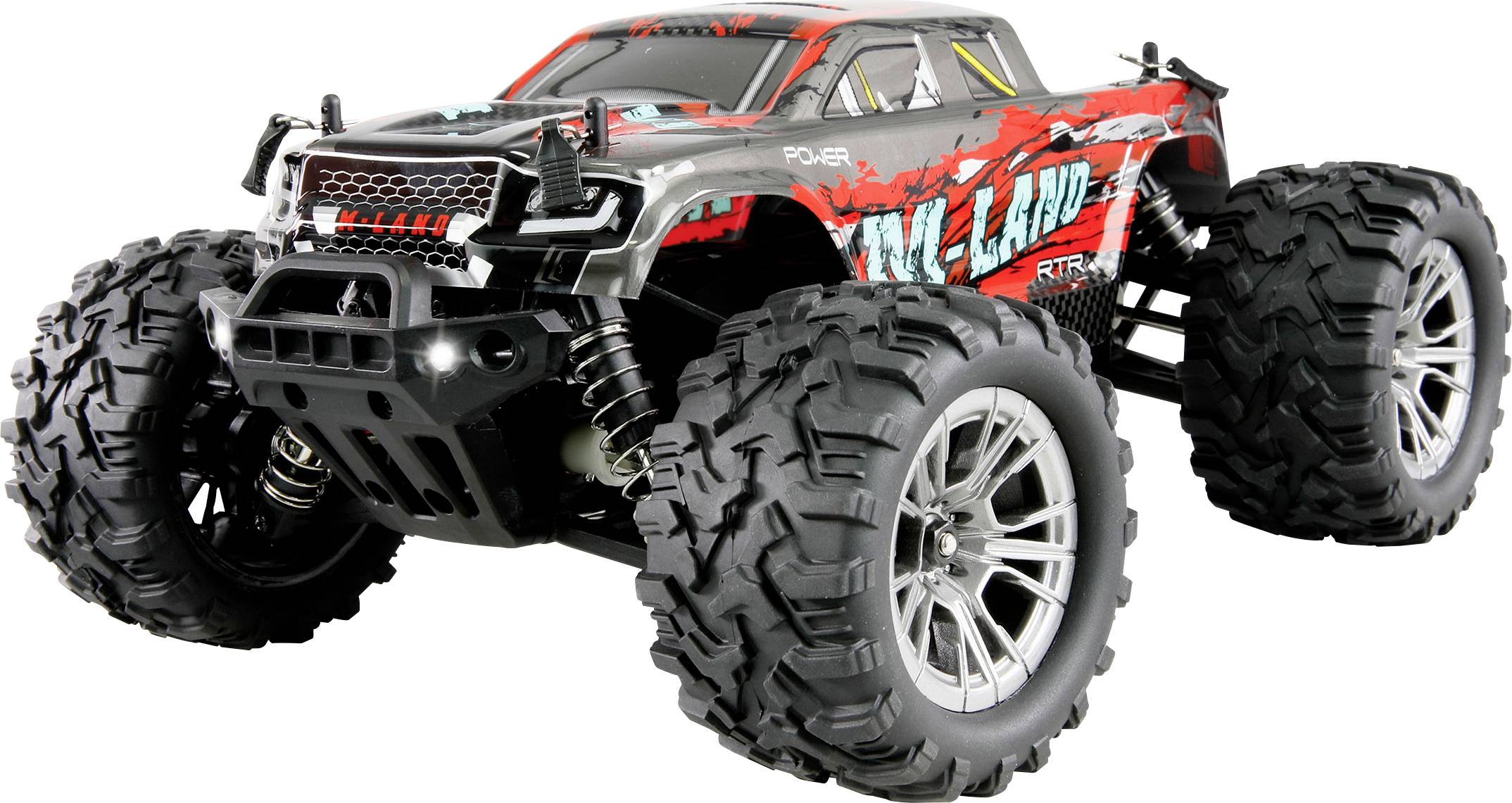 Remote-controlled car with large tyres and a sporty design. It is black and red painted and looks robust for off-road terrain.
