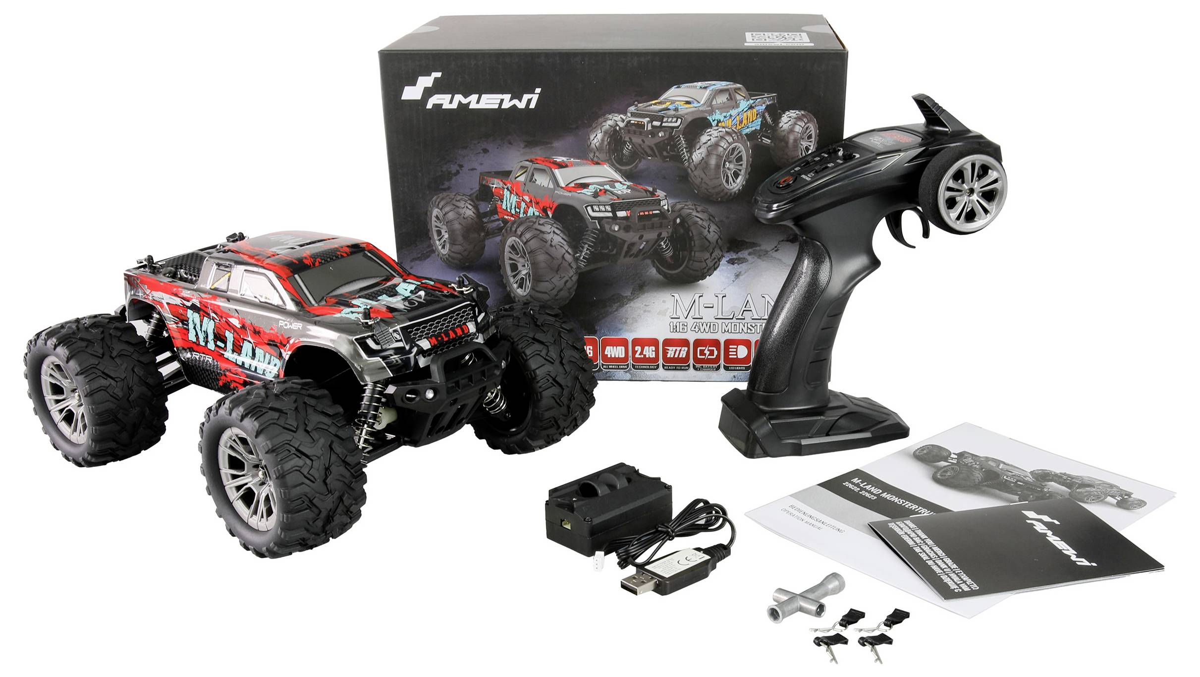 Remote-controlled car set with off-road vehicle, remote control, charger and accessories in front of product packaging.