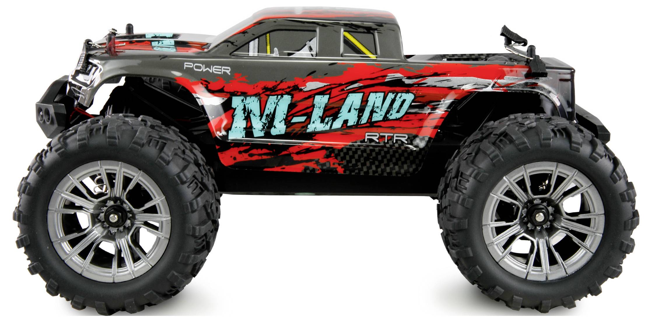 A remote-controlled toy car with large off-road tyres and a striking red and black design. Text on the bodywork: 'IN-LAND'.