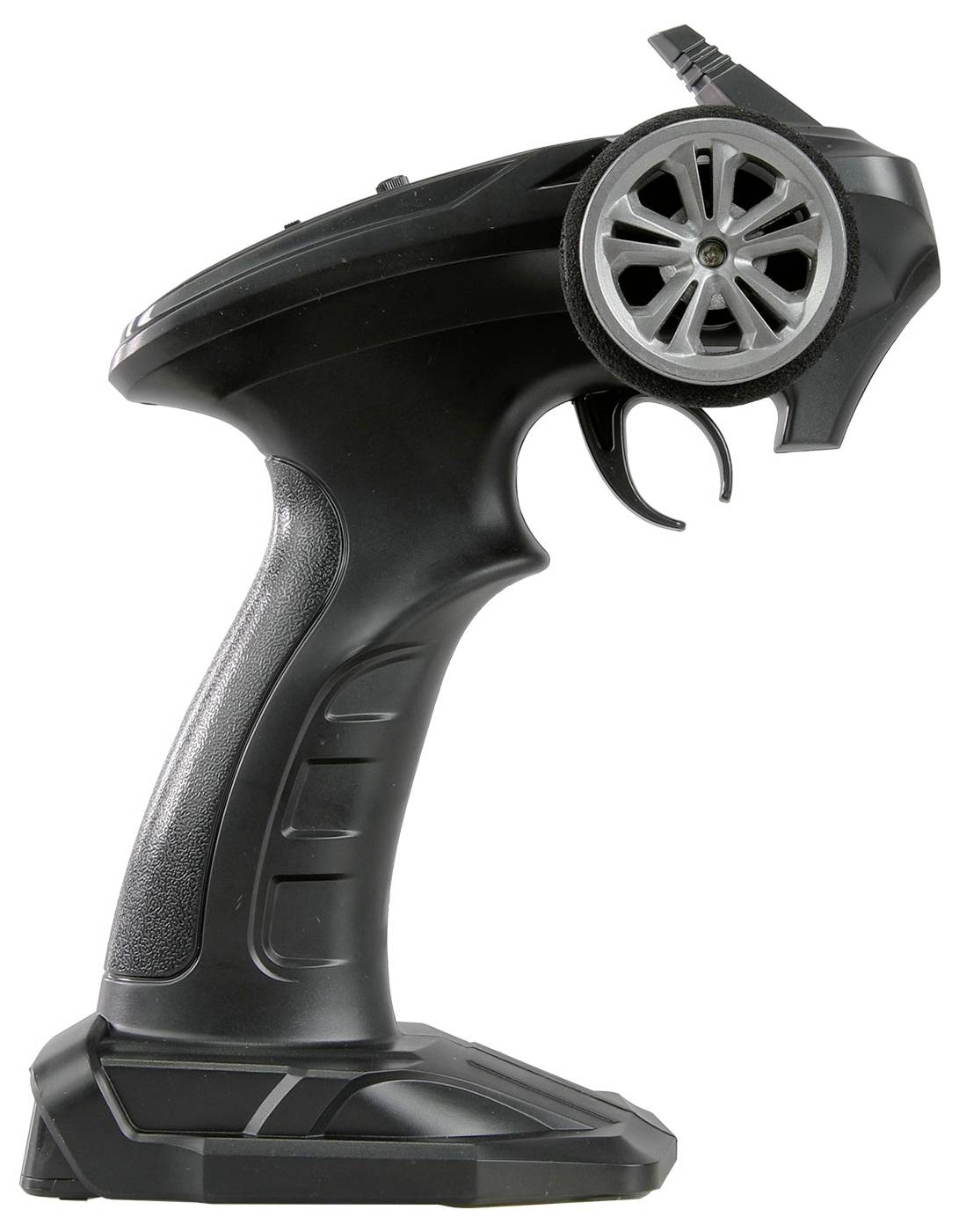 Black remote control in pistol form with steering and speed controls, used for remote-controlled model vehicles.