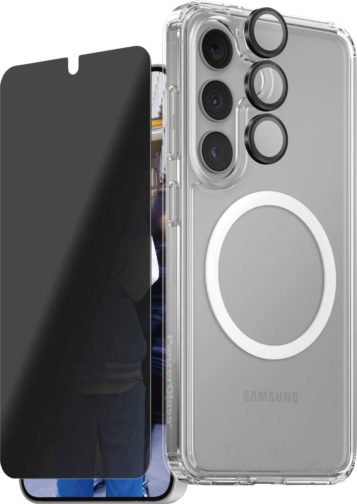 A transparent smartphone case with an integrated magnetic ring lies next to a mobile phone with a matte, opaque screen protector.