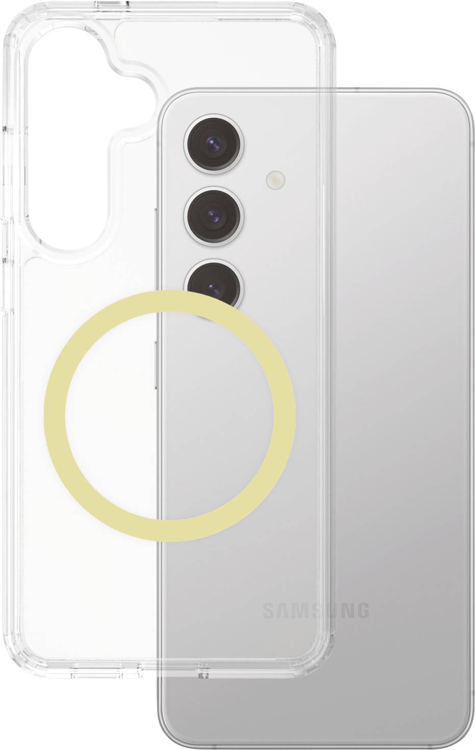 Transparent mobile phone case for a smartphone with three camera lenses on the back; case transparent with a yellow circle.