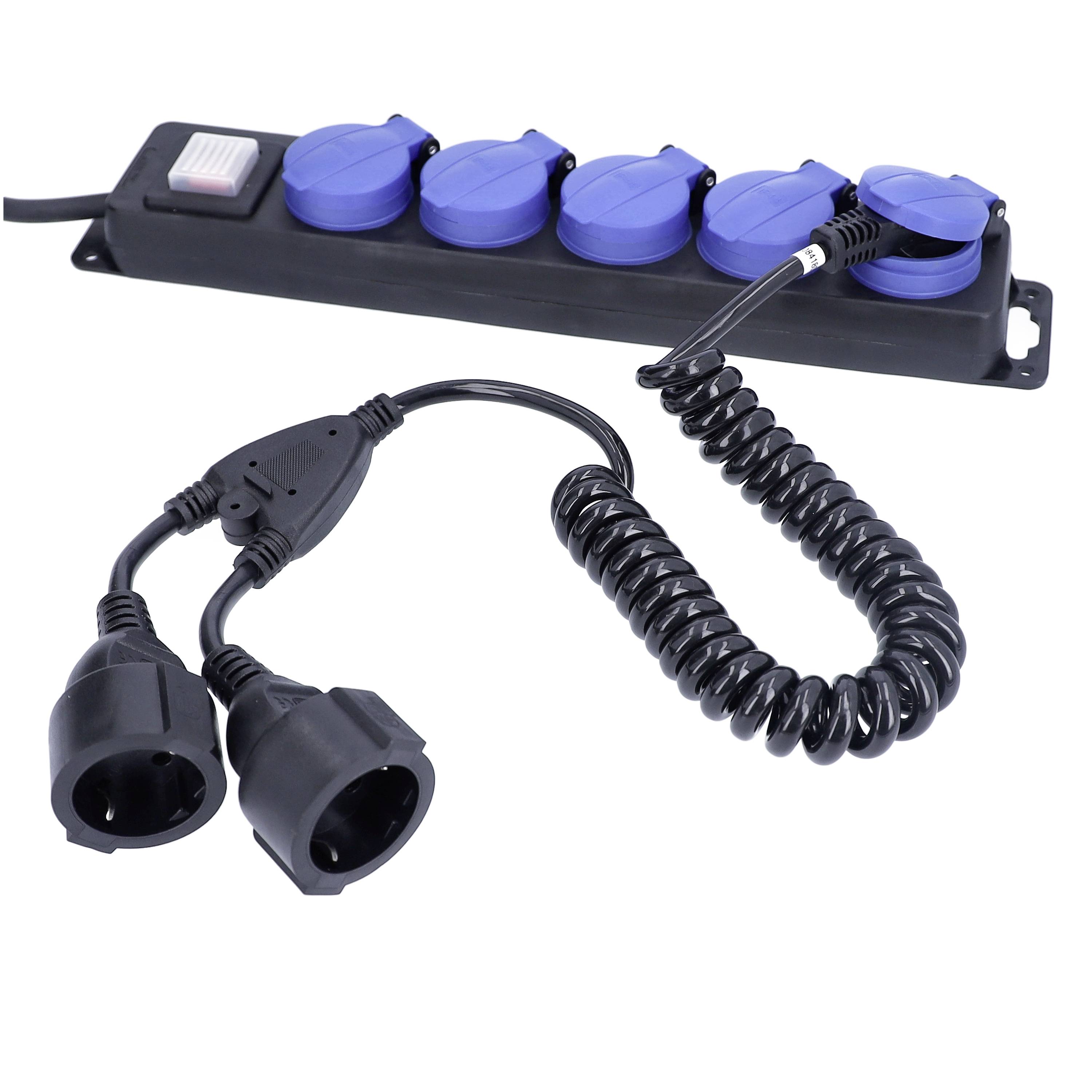 A multi-socket extension with five blue plug sockets, a switch, and a spiral-shaped cable adapter with two plug connections.