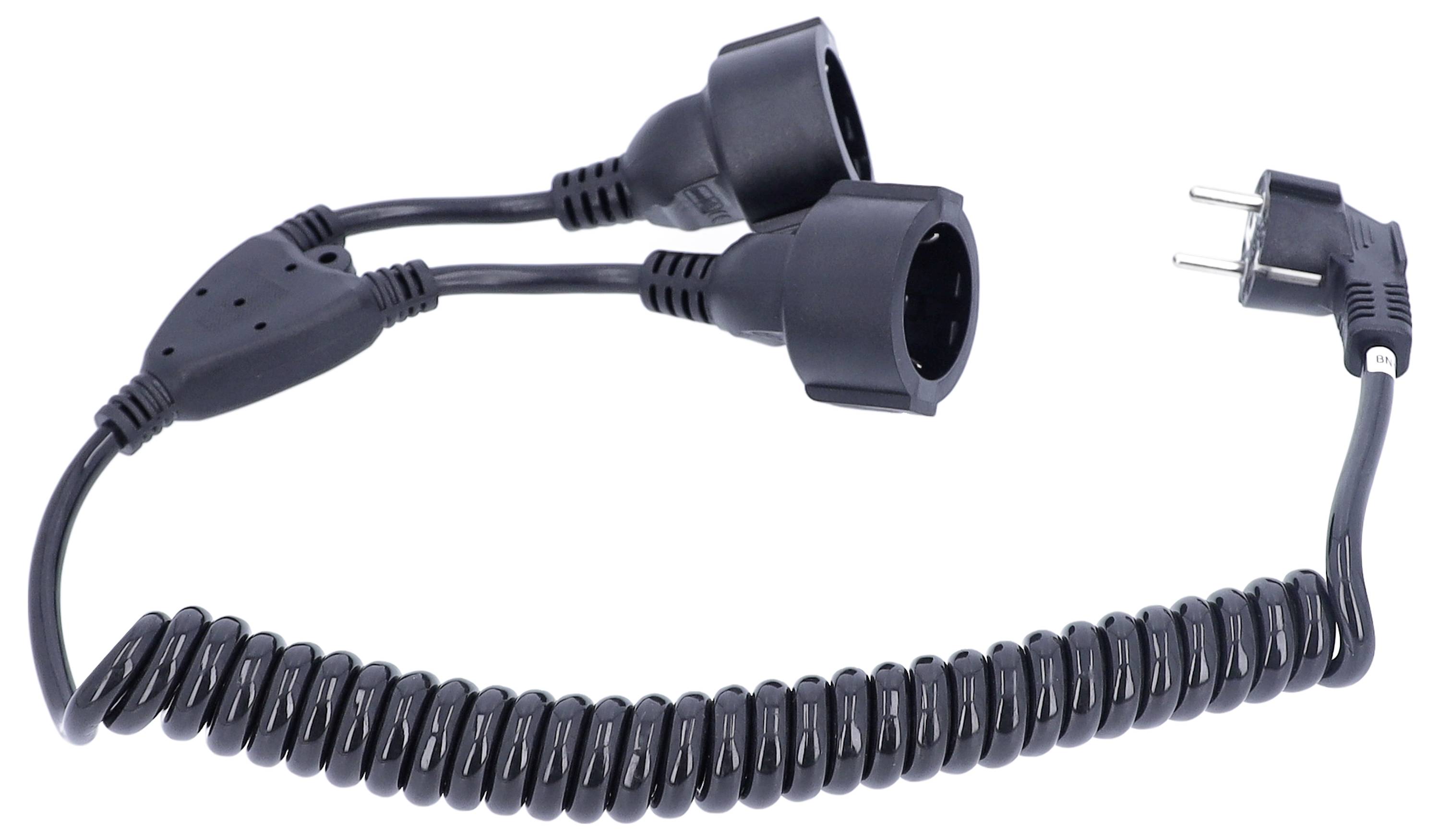 A black, spiral extension lead splits into two socket outlets and terminates in a Europlug.
