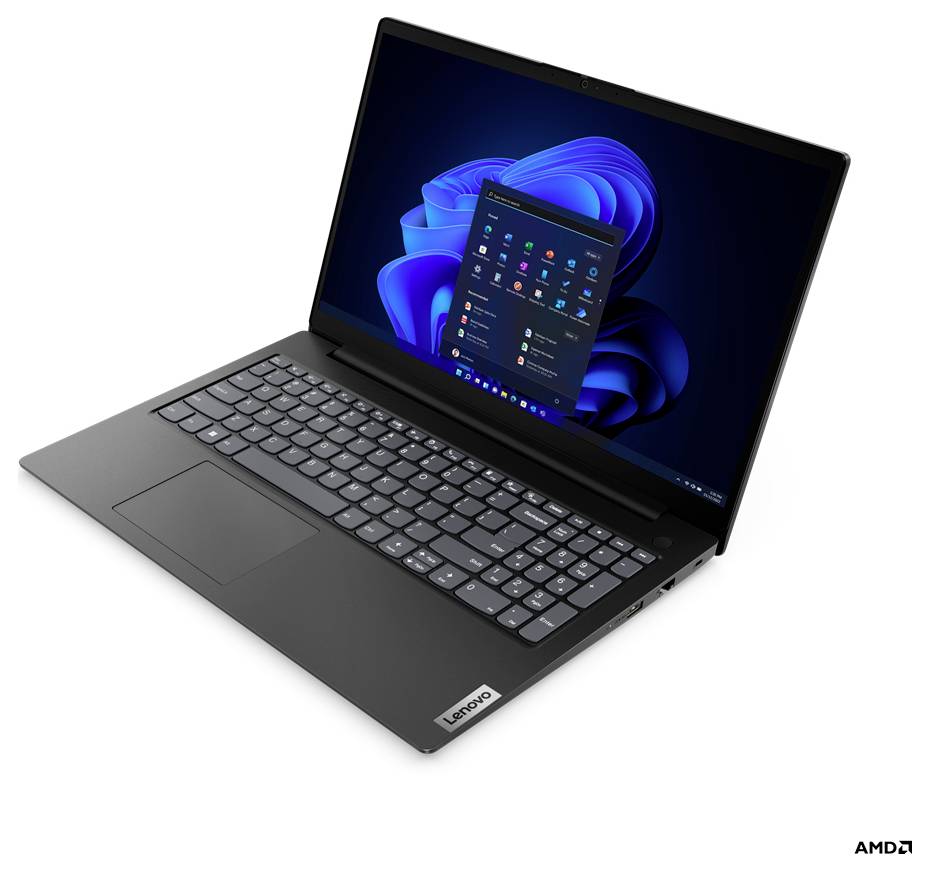 A black laptop with Windows 11 displayed on the screen, with programmes in tiles. Brand: Lenovo. Minimalist design, modern user interface.