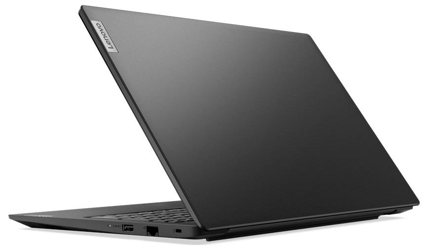 Black Lenovo laptop, slightly open, viewed from the back and left, showing port and brand logo on the lid.