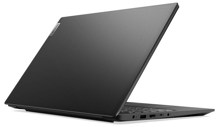 Black laptop, partially open, side view with visible ports on the left side. No visible display.