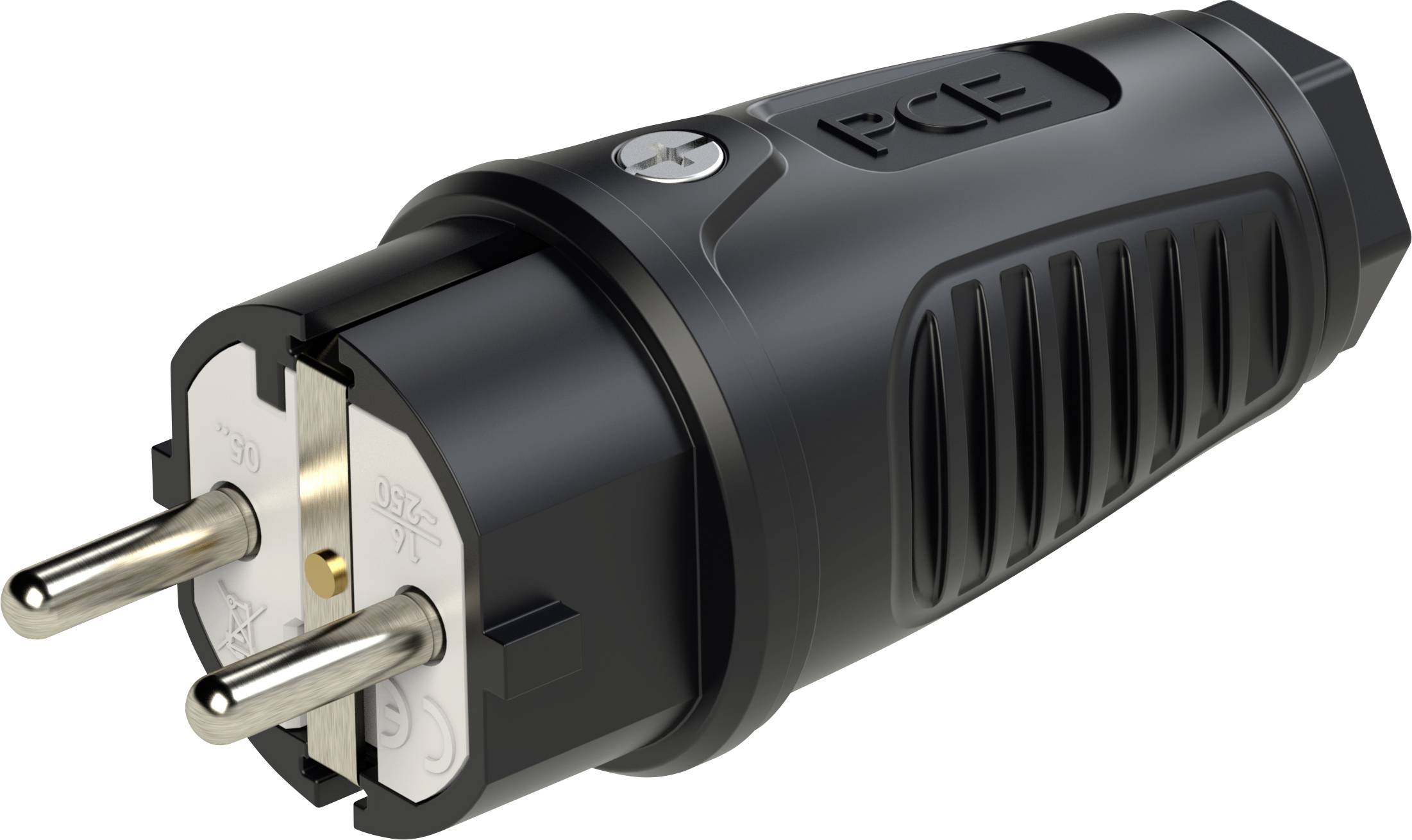 A black electric plug with two round metal pins.