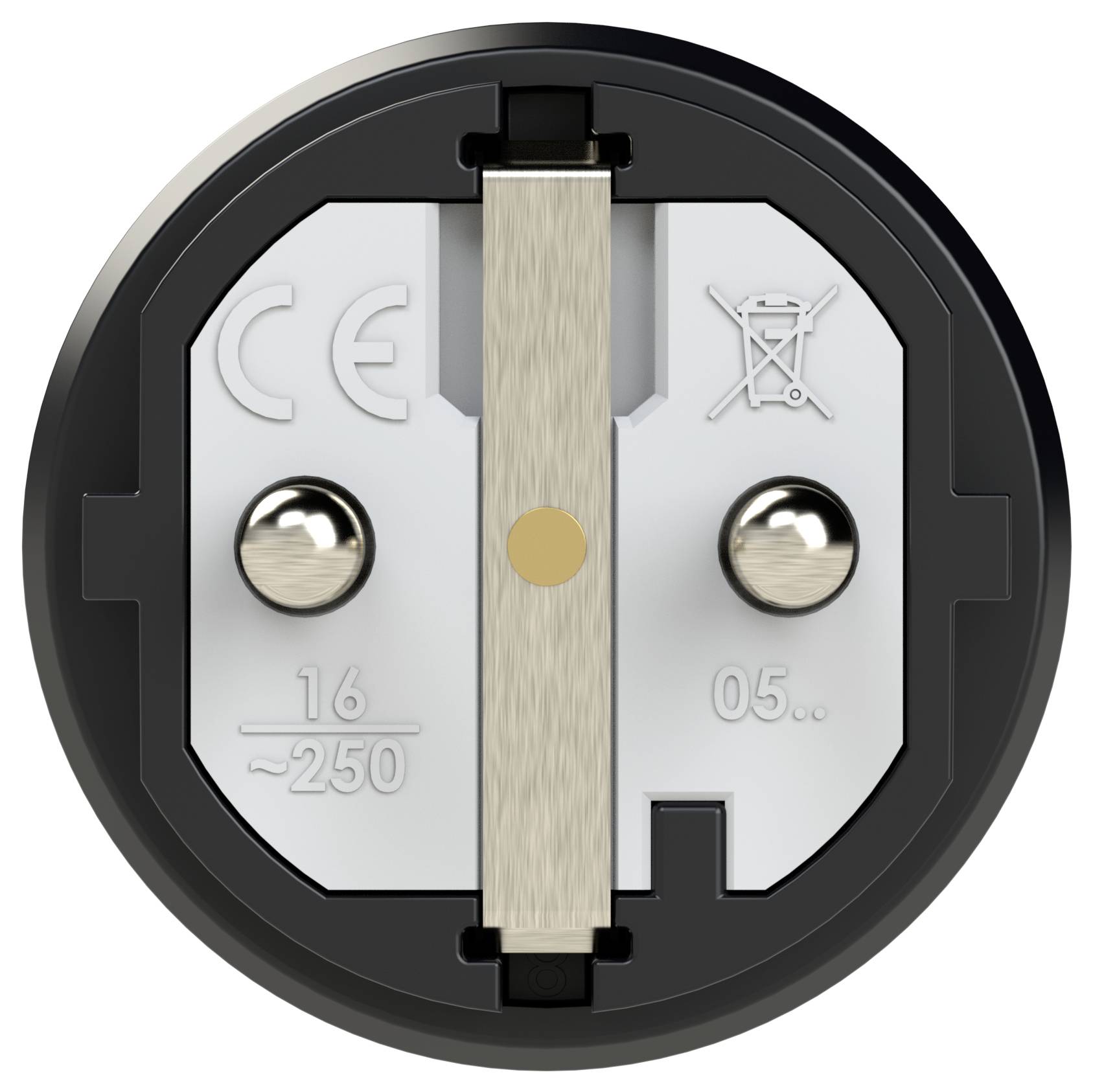 Back of a European plug with two metal contacts, CE mark and recycling symbol visible.