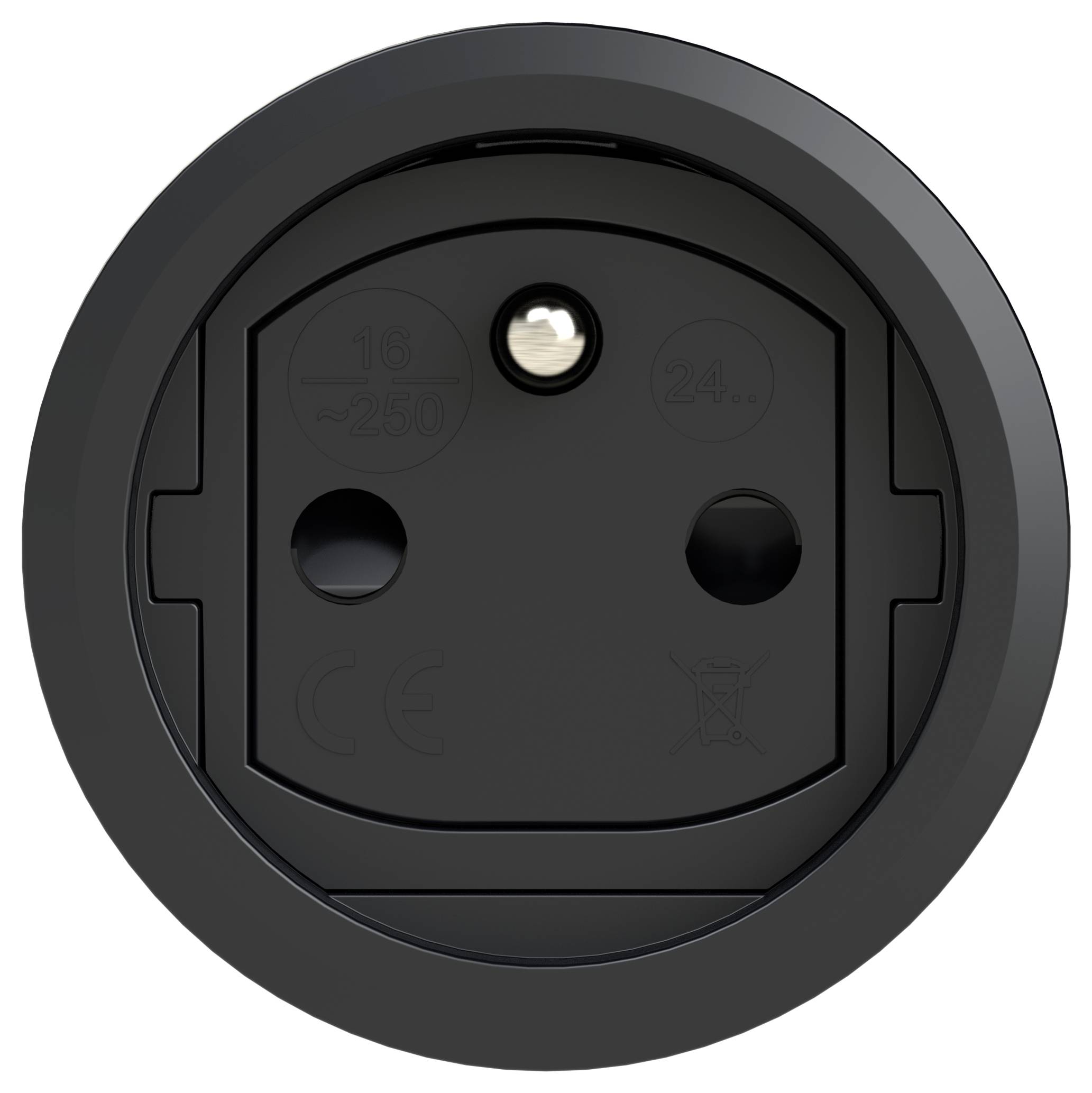 'Black socket insert, circular, with three openings. Suitable for electrical devices up to 250 volts.'