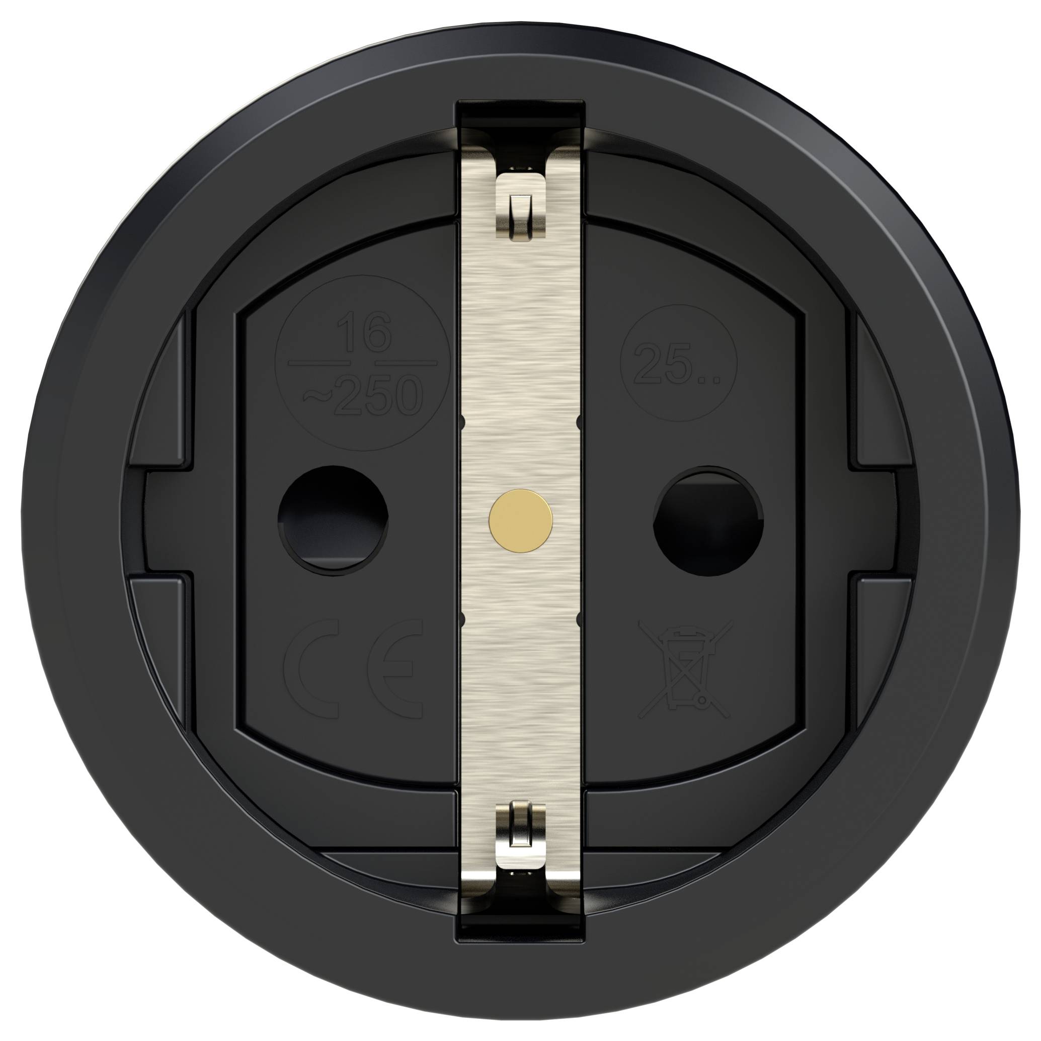 'Rear view of a round socket with two screw terminals and CE marking.'
