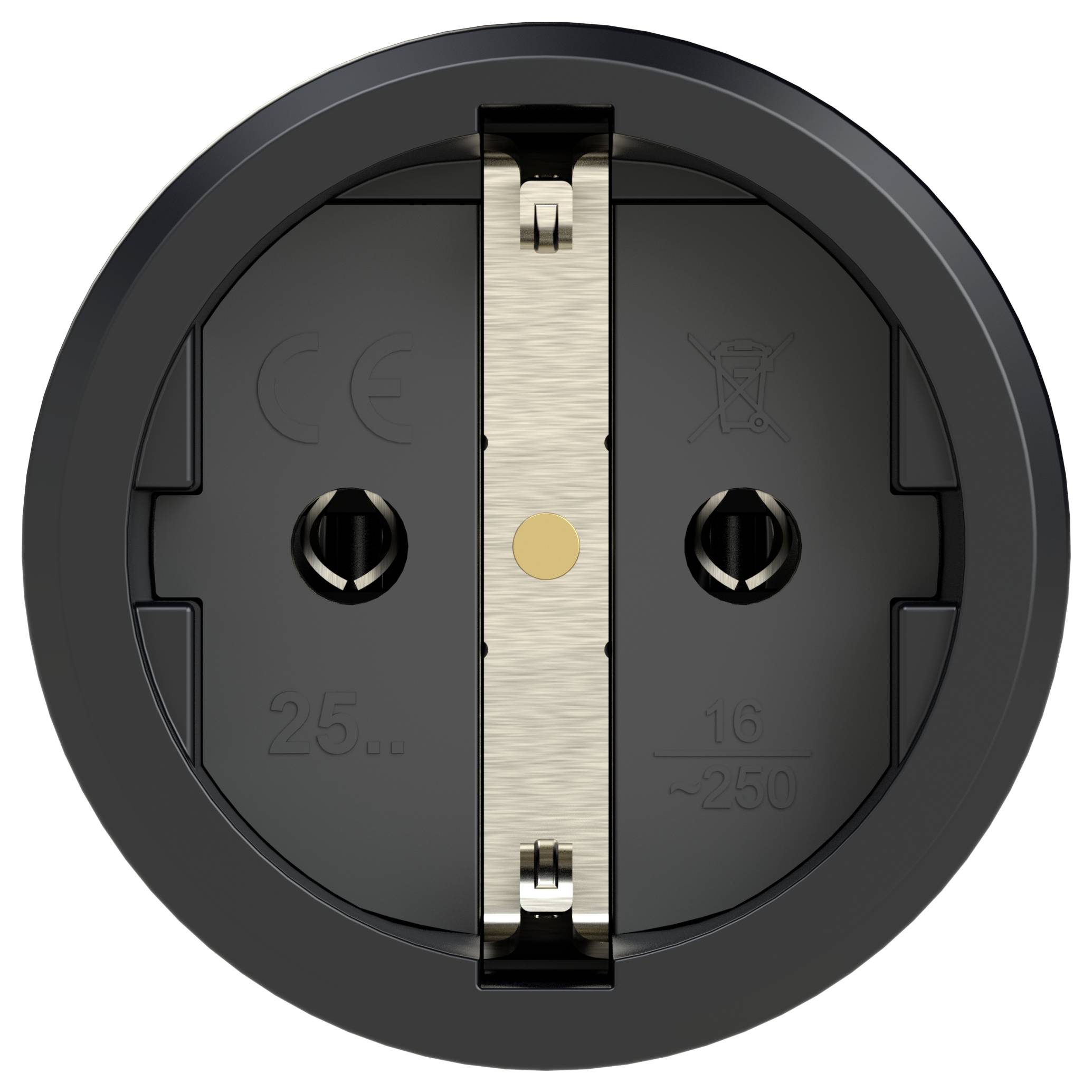 Round, black socket viewed from the front, with contacts in the centre and on the sides, suitable for 16 amperes at 250 volts.