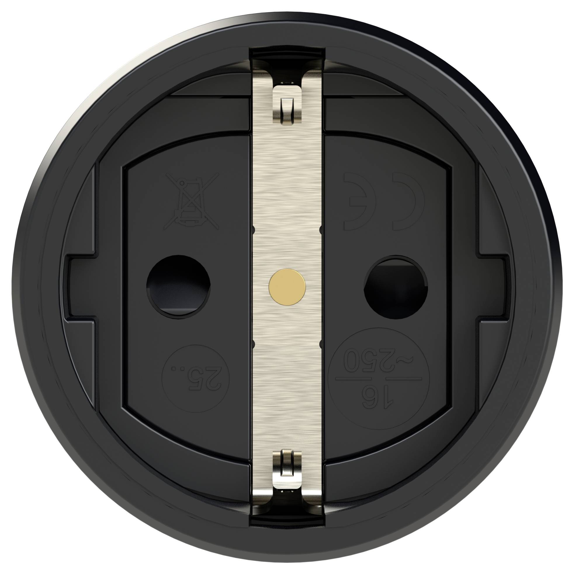 Round black socket with two metal contacts in the centre, surrounded by a plastic frame. Suitable for EU connections.