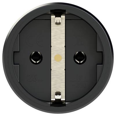 Back of a round, black socket cover. Metal clips and socket openings visible. Markings for voltage and current strength.