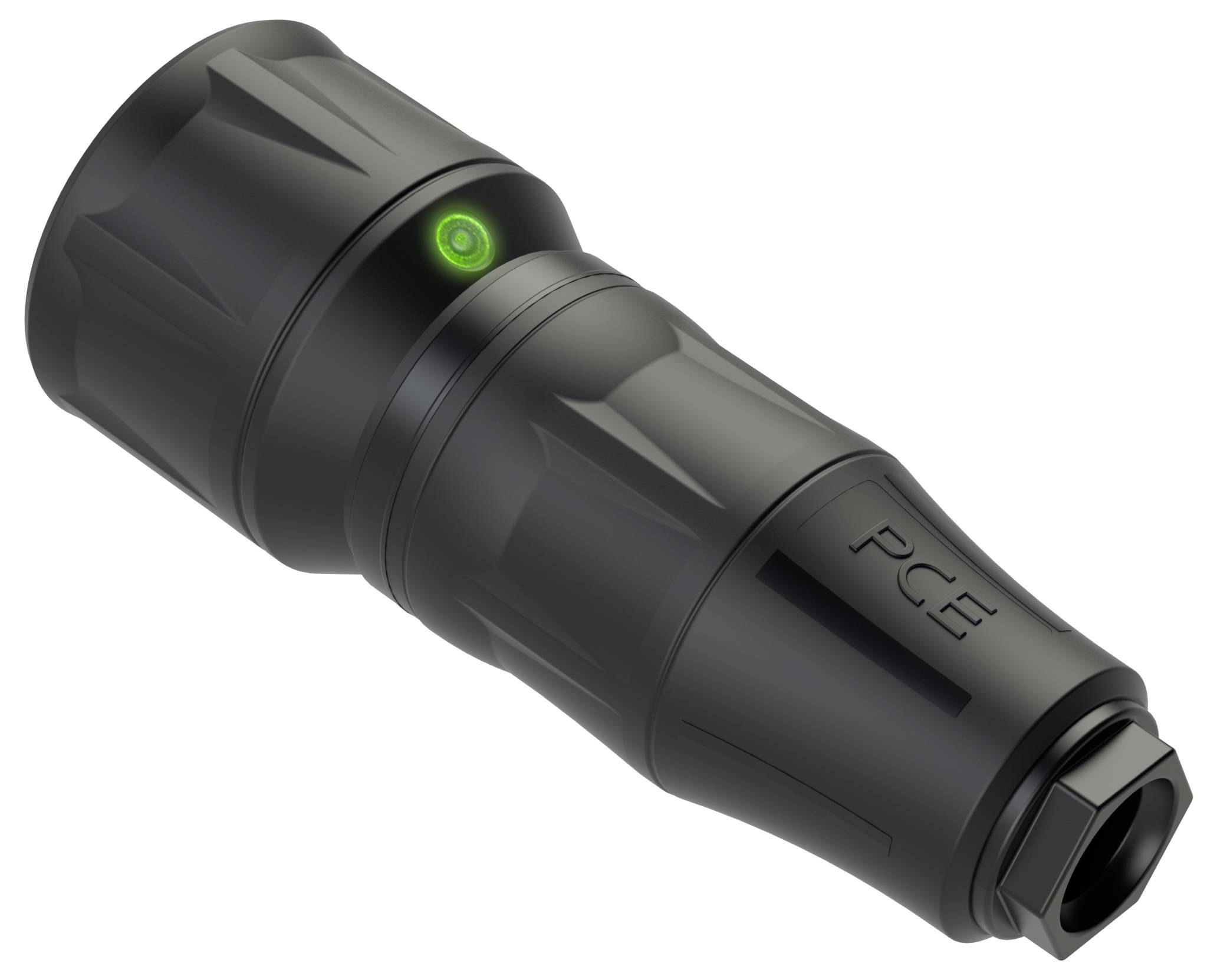A black connector with a green illuminated ring on the top surface, marked with 'PCE'.