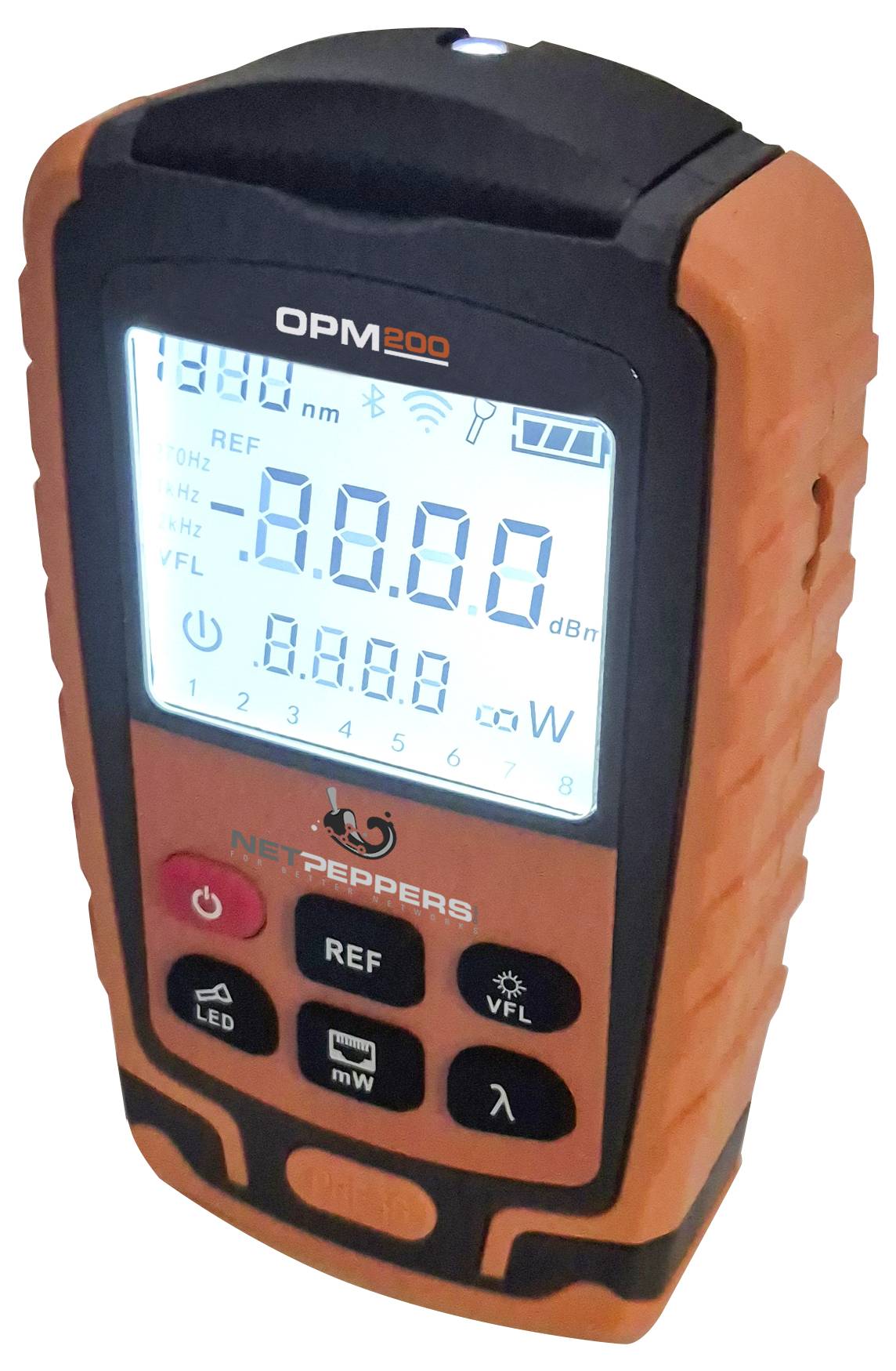 An orange optical performance measurement device with an illuminated display shows readings in dBm. Brand name 'NET-PEPPERS'.