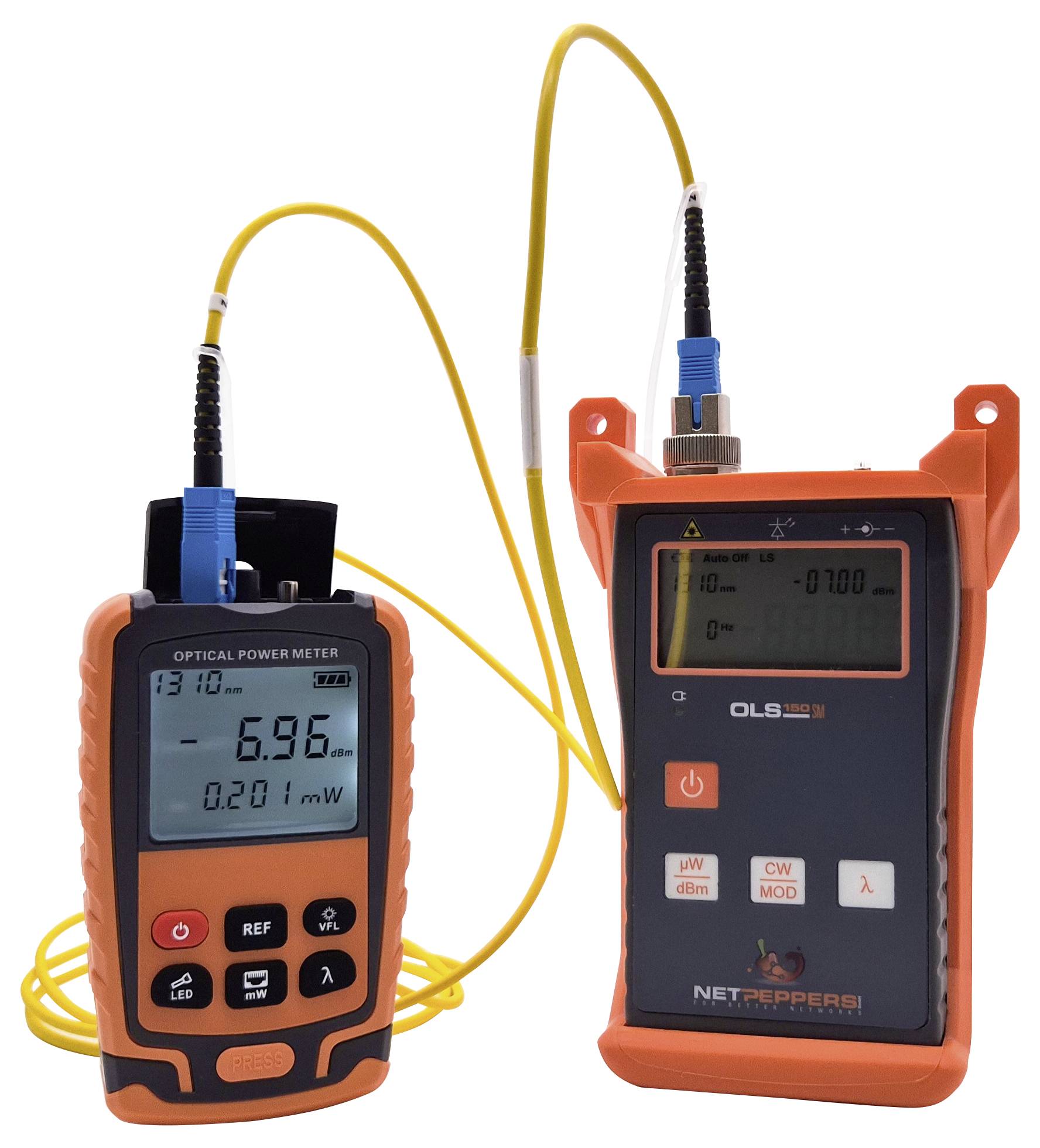 Two optical measuring devices: On the left, an optical power meter, on the right, a light source. Both are connected by a yellow cable.