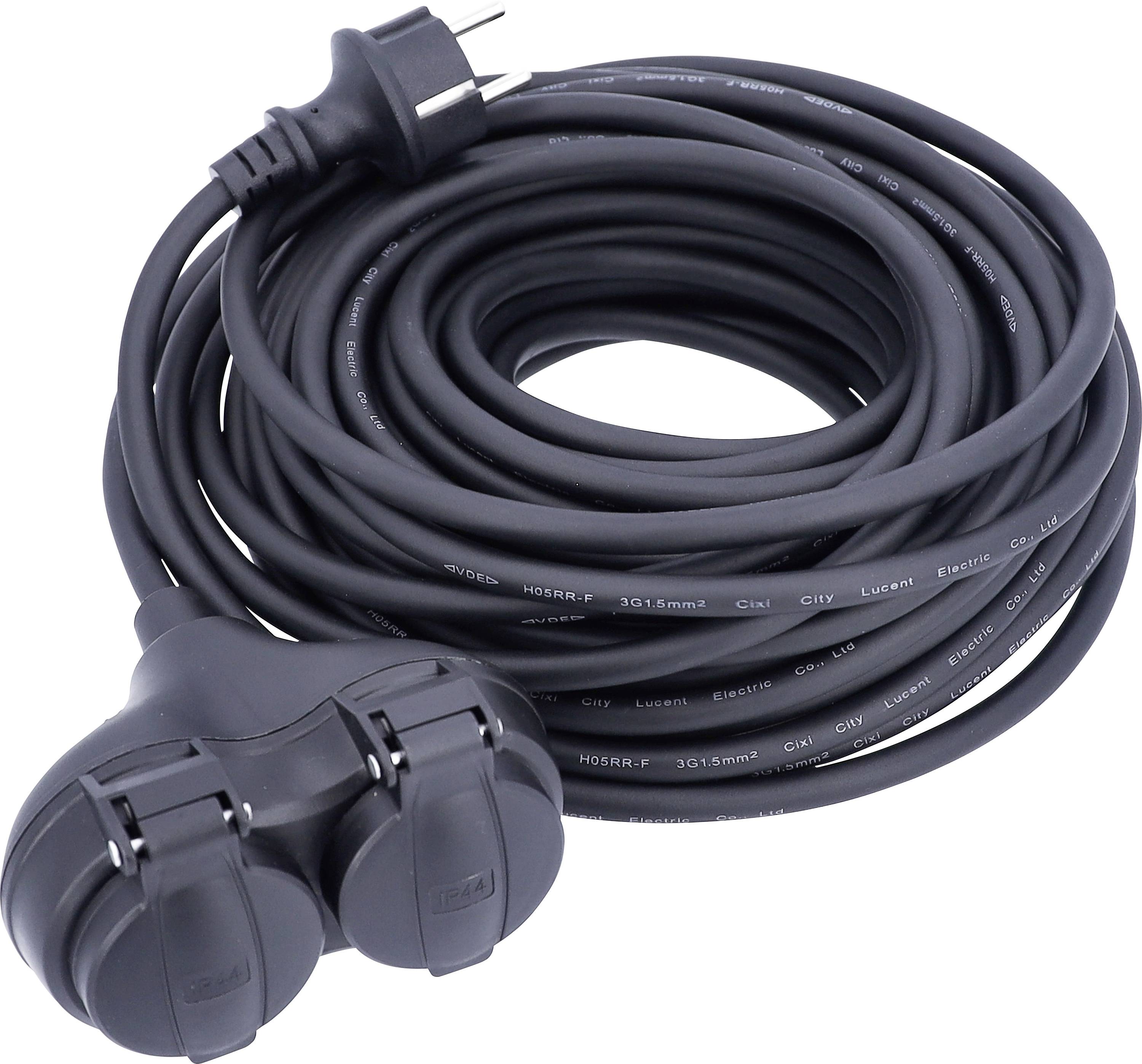 Black extension lead with two sockets, coiled. Suitable for indoor and outdoor use.