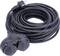 Black extension lead with two sockets, coiled. Suitable for indoor and outdoor use.