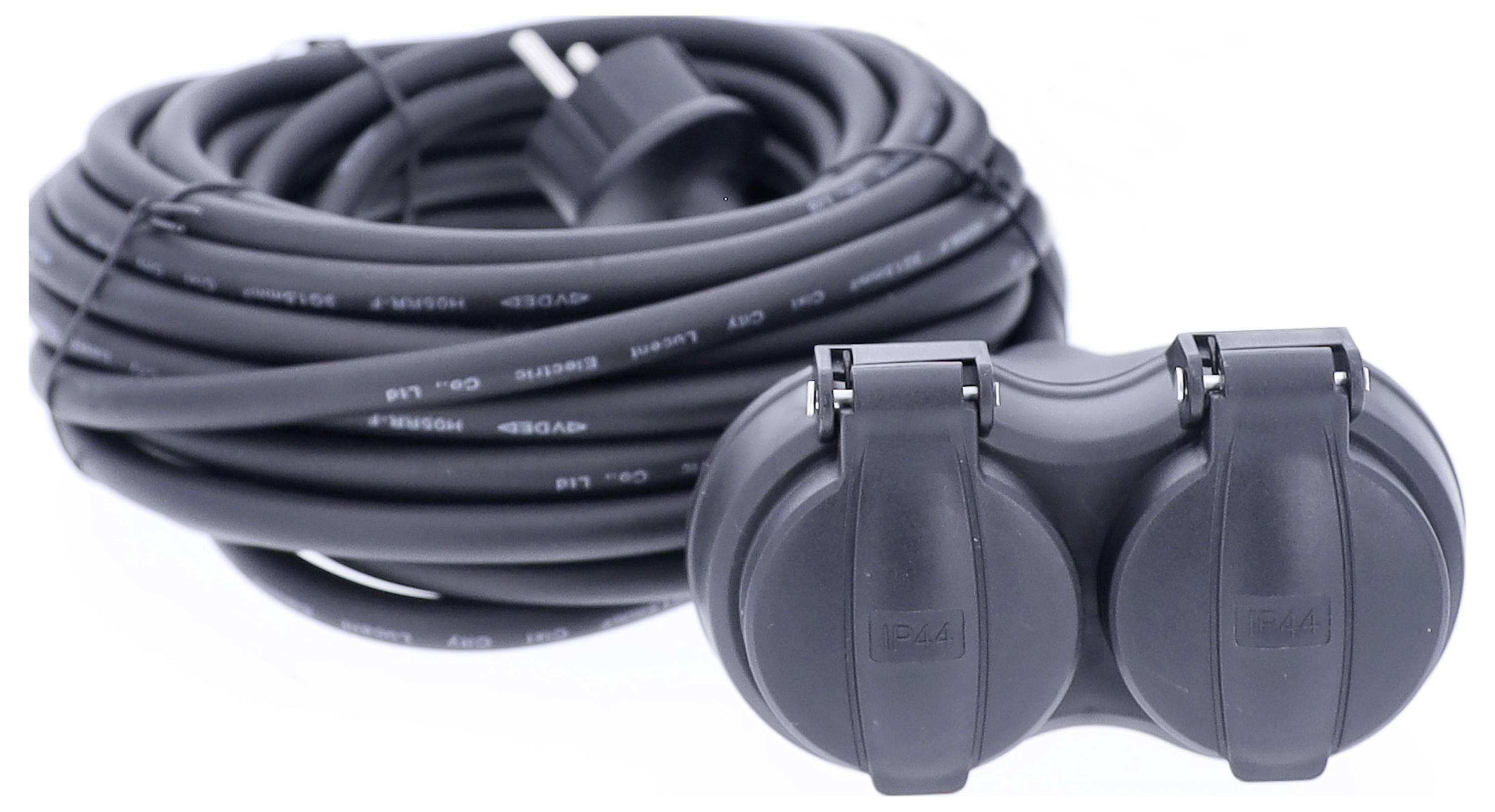 'Black extension lead with double socket and Euro plug, suitable for outdoor use.'