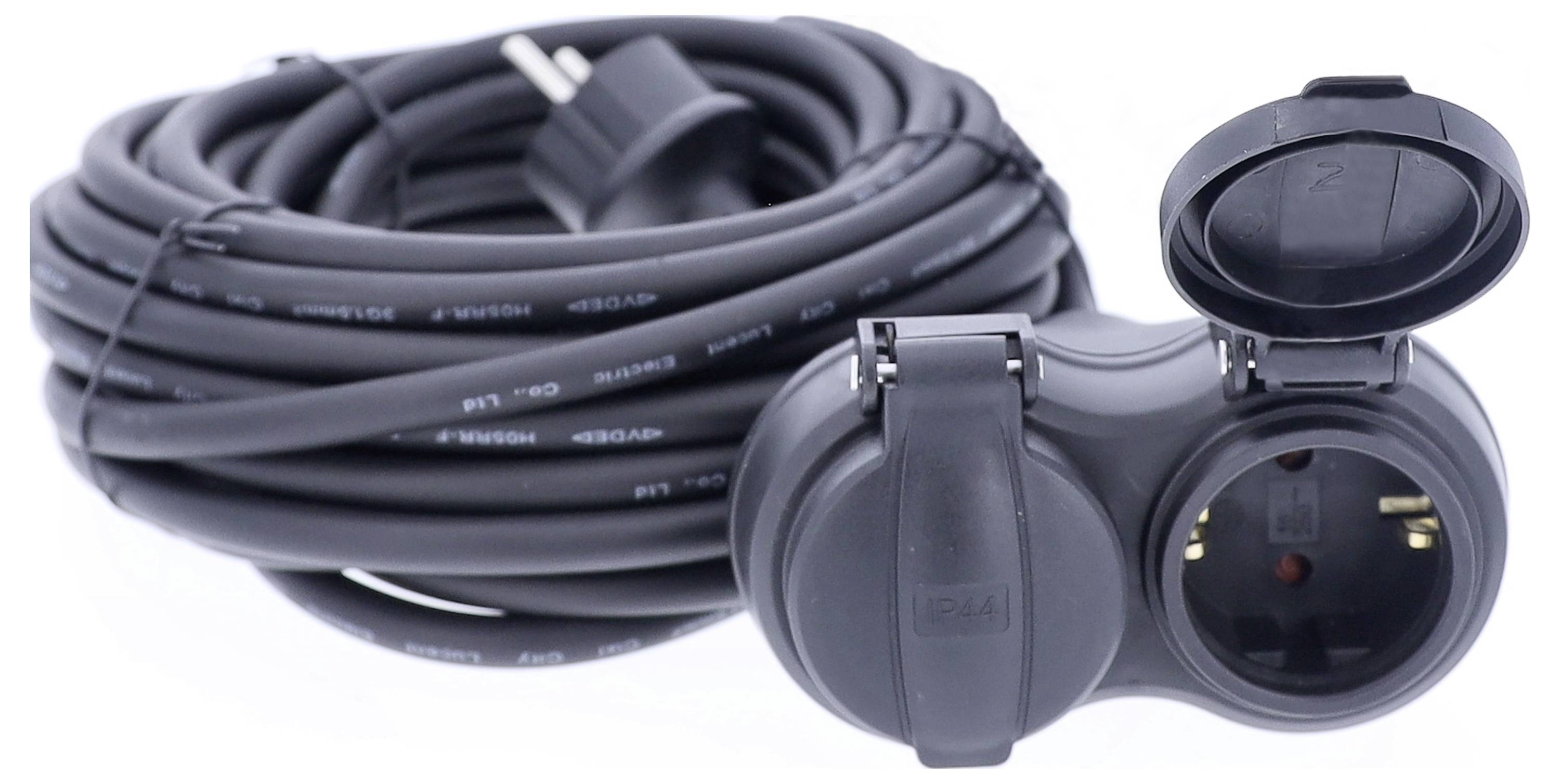 A long, coiled extension cable reel with a double, weatherproof earthed socket for outdoor use.