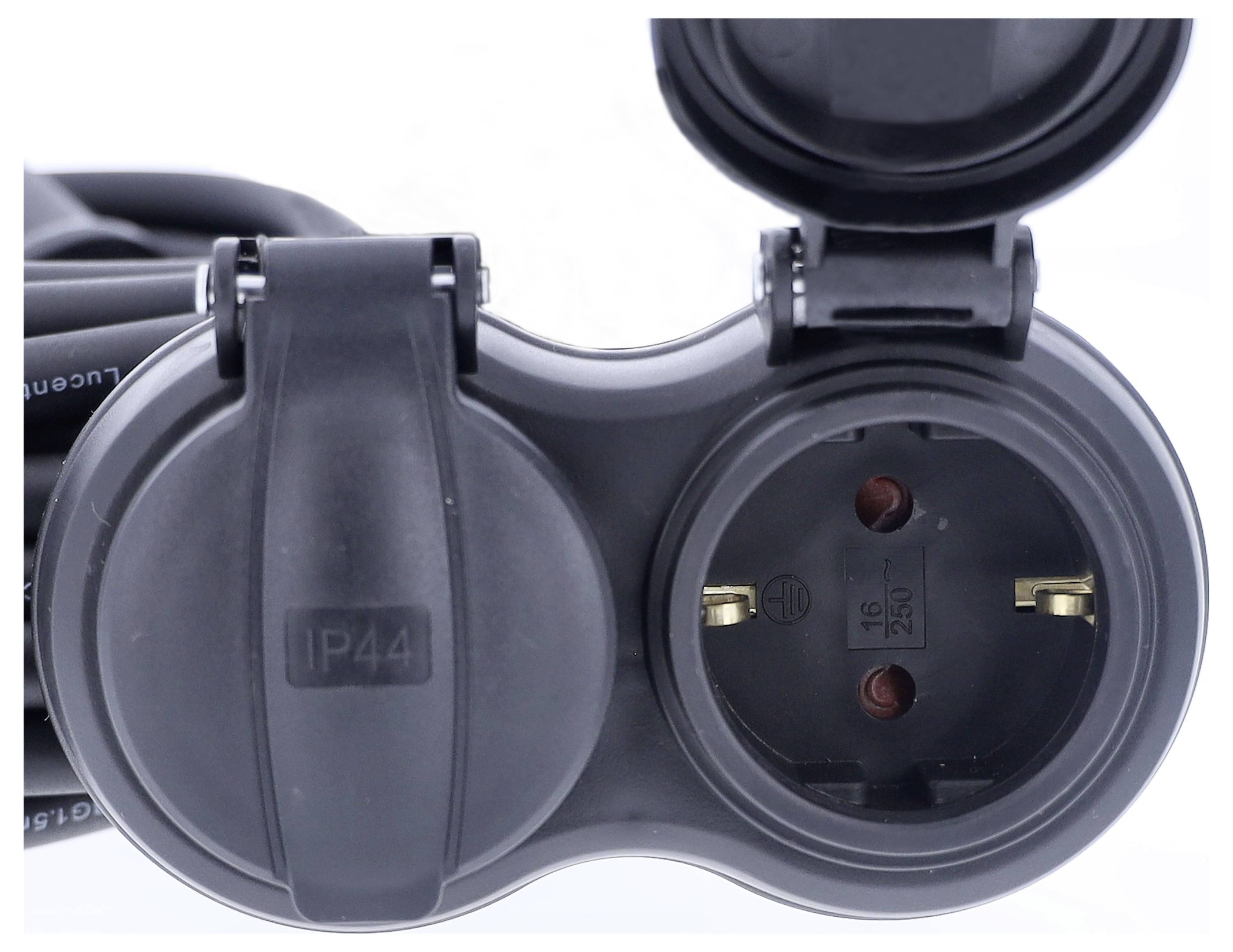 Black socket with protective cover, suitable for outdoor use, marked with 'IP44' for splash water protection.