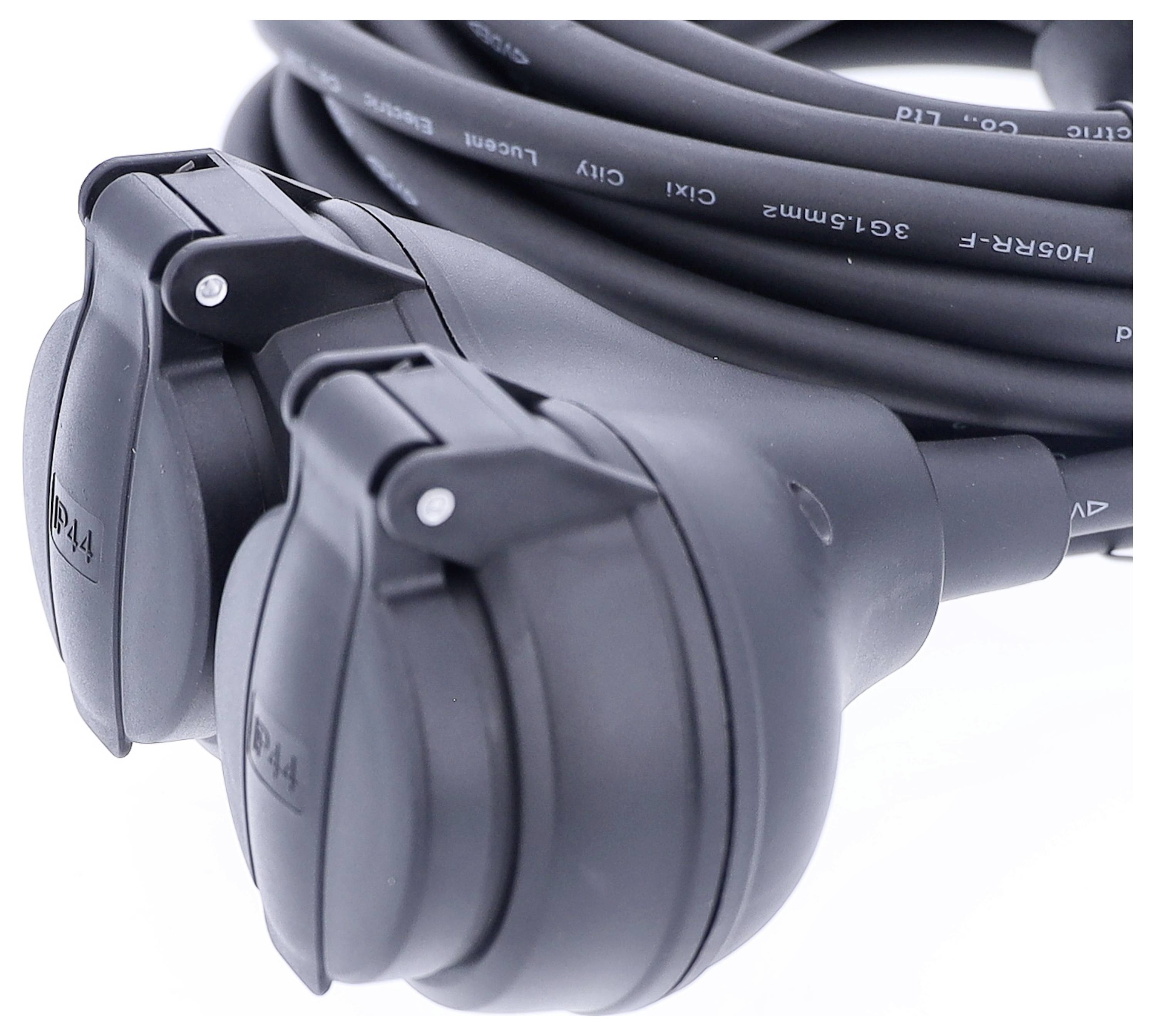 Black, double socket unit for outdoor electrical connections with protective covers. Suitable for secure power connections.