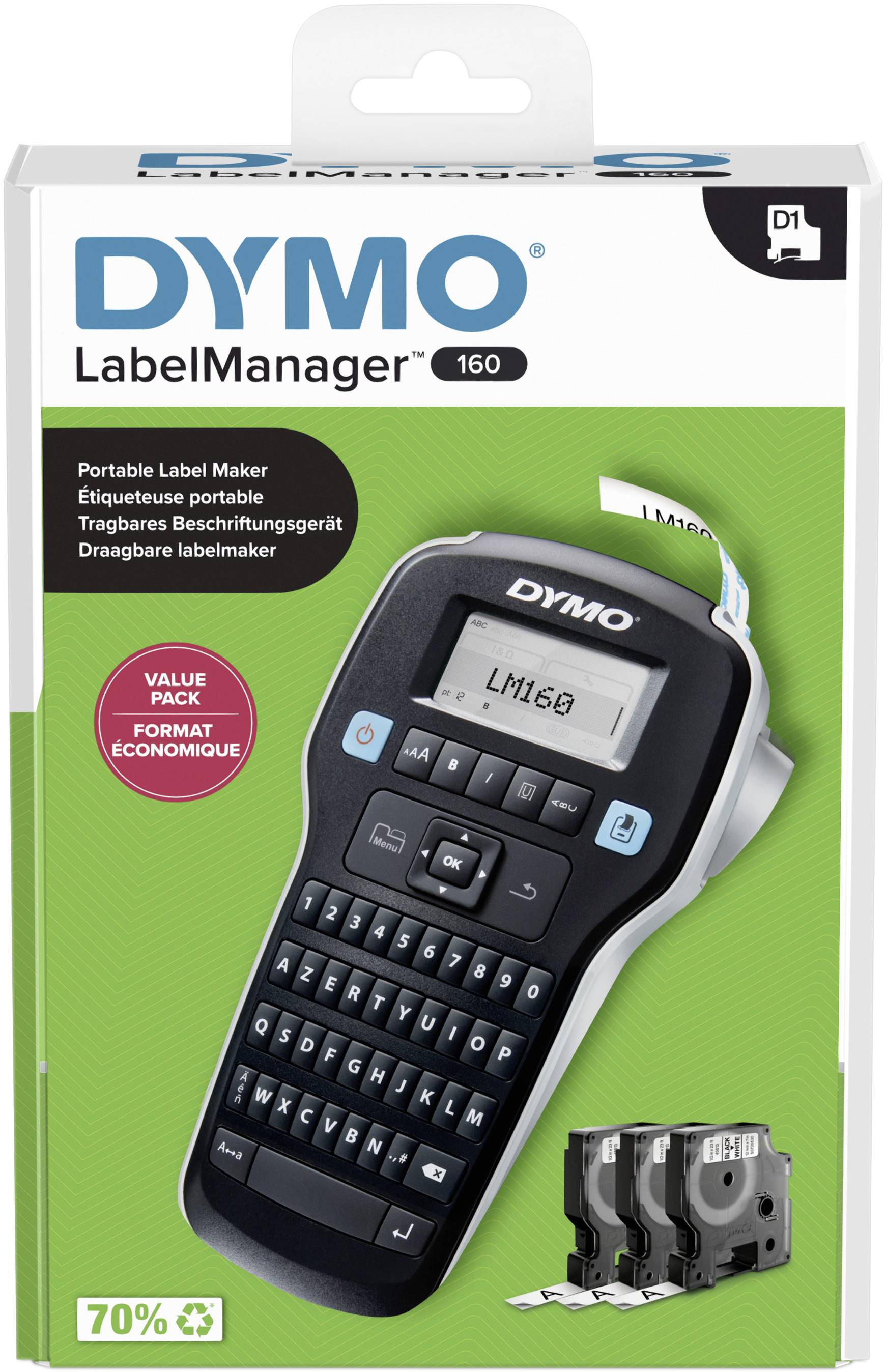 DYMO LabelManager™ 160 ValuePack AZERTY Label printer Suitable for scrolls: D1 6 mm, 9 mm, 12 mm