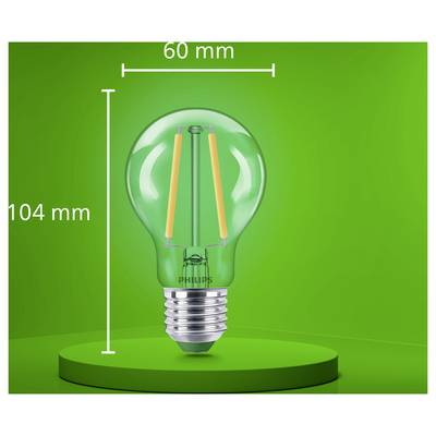 Green Philips LED light bulb shown front view with dimensions labeled 104 mm tall and 60 mm wide.<br>