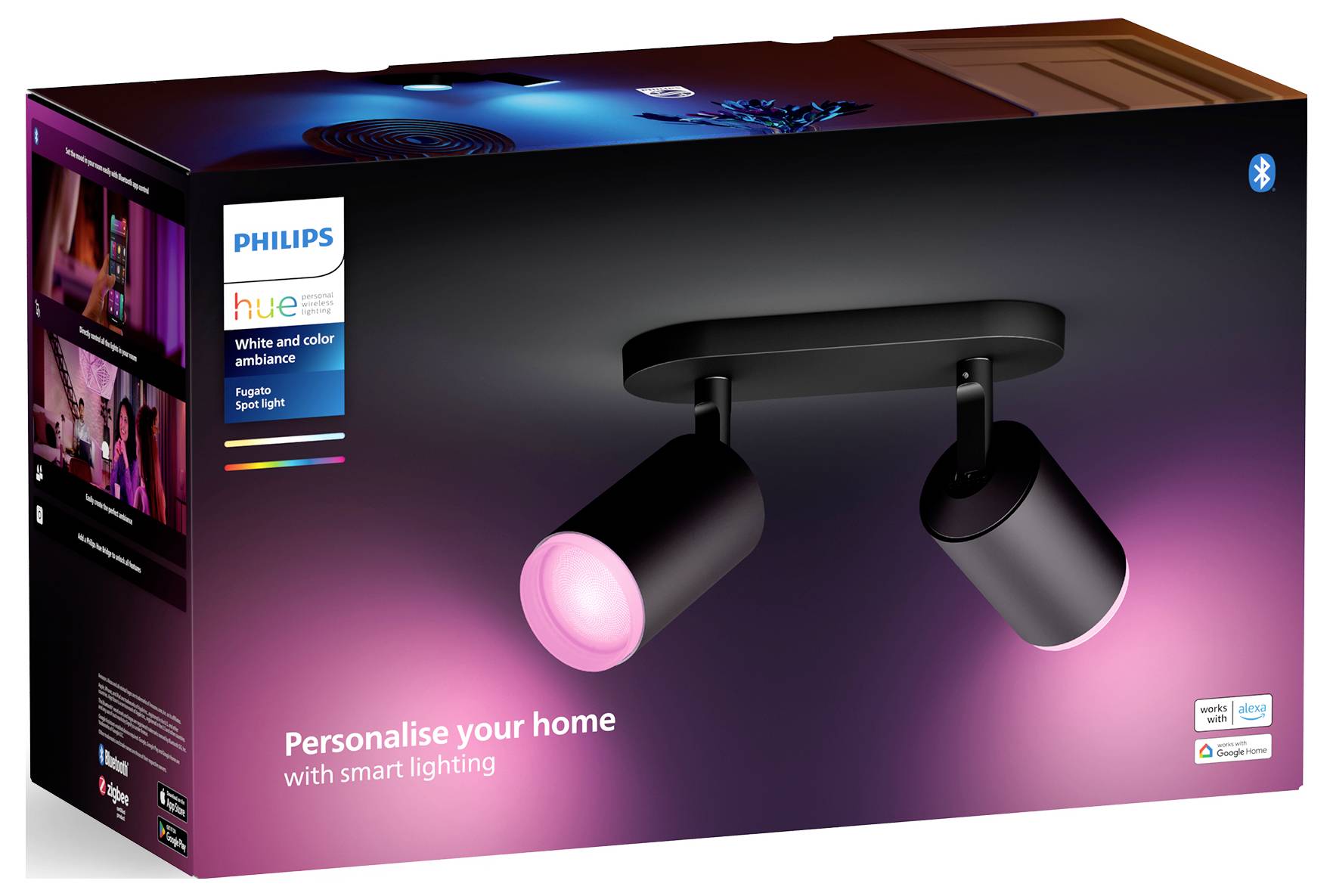 Packaging of a Philips Hue LED light with two spotlights. Label: 'Personalise your home with smart lighting'.<br><br>(Note: The translation is already in British English, with the spelling of "personalise" being the preferred British variant.)