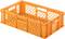 Orange plastic basket with side handles and lattice pattern, empty. Suitable for transporting or storing items.<br><br>Note: The translation preserves the original meaning and maintains a natural British English style.