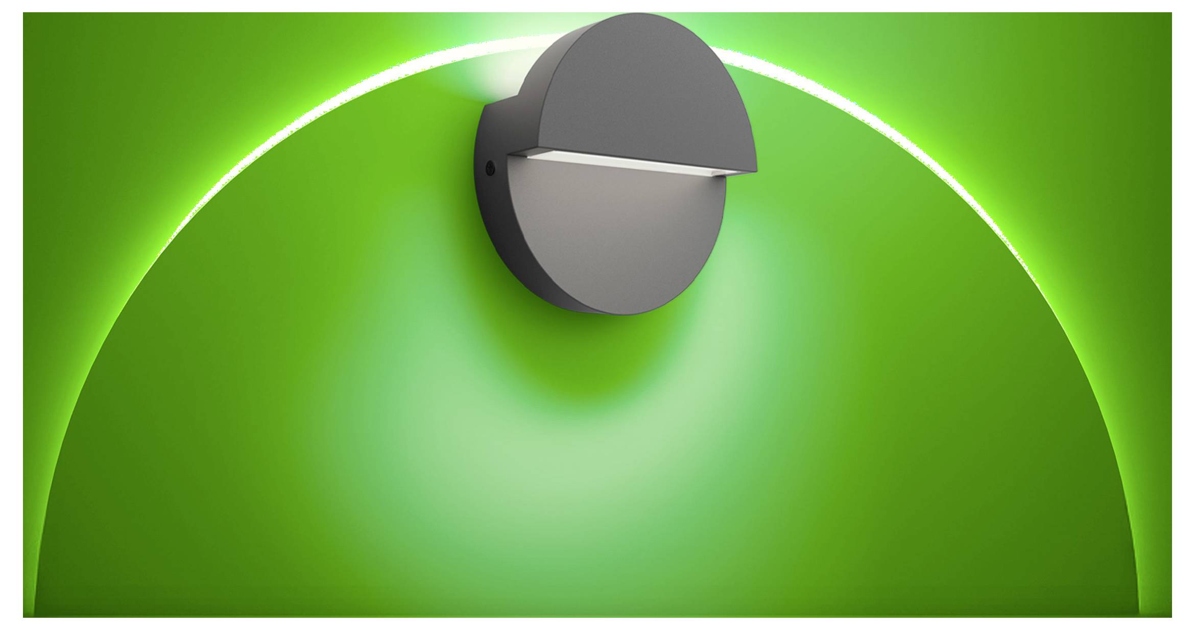 Abstract green graphic with a central dark gray circular knob or lens and bright curved glow arcs on a white background.