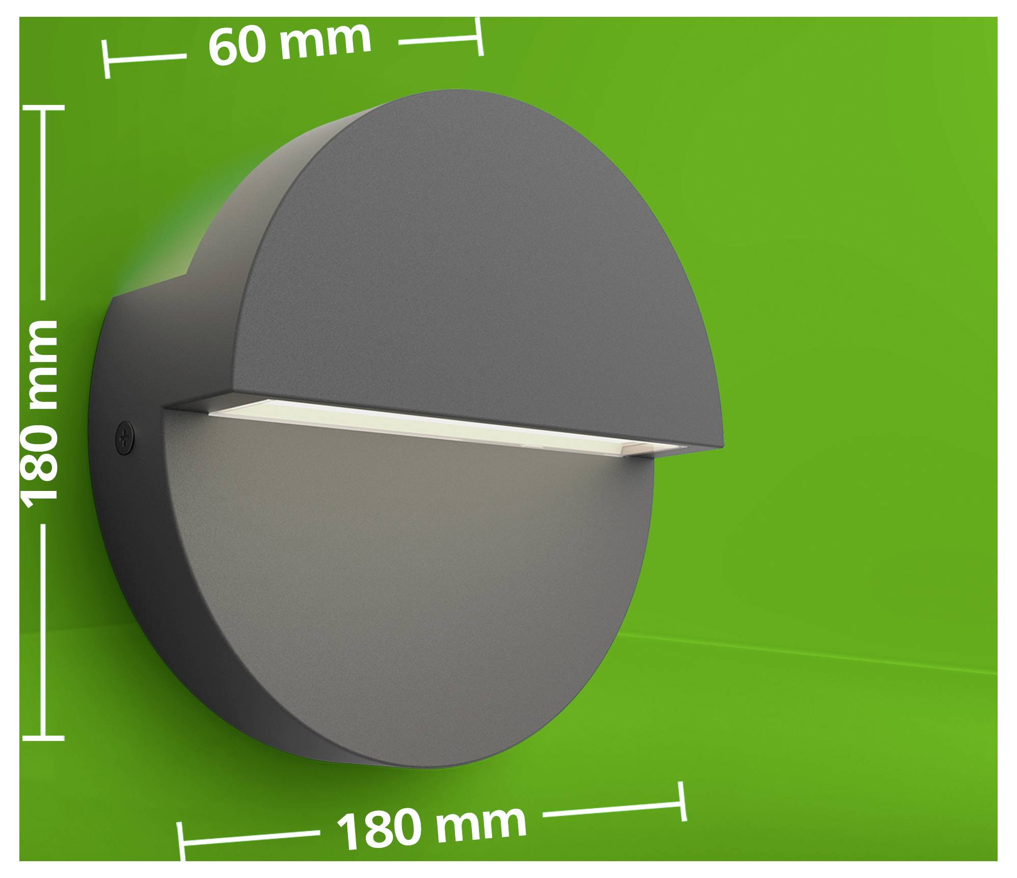 Round wall light fixture shown in profile, with dimensions labeled 180 mm tall and wide, and 60 mm depth.