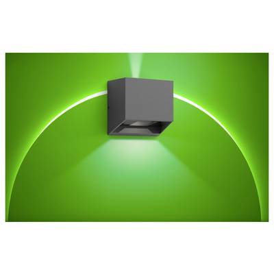 Green abstract graphic with a gray wall light shining downward over a glowing curved arc, suggesting illumination or energy.