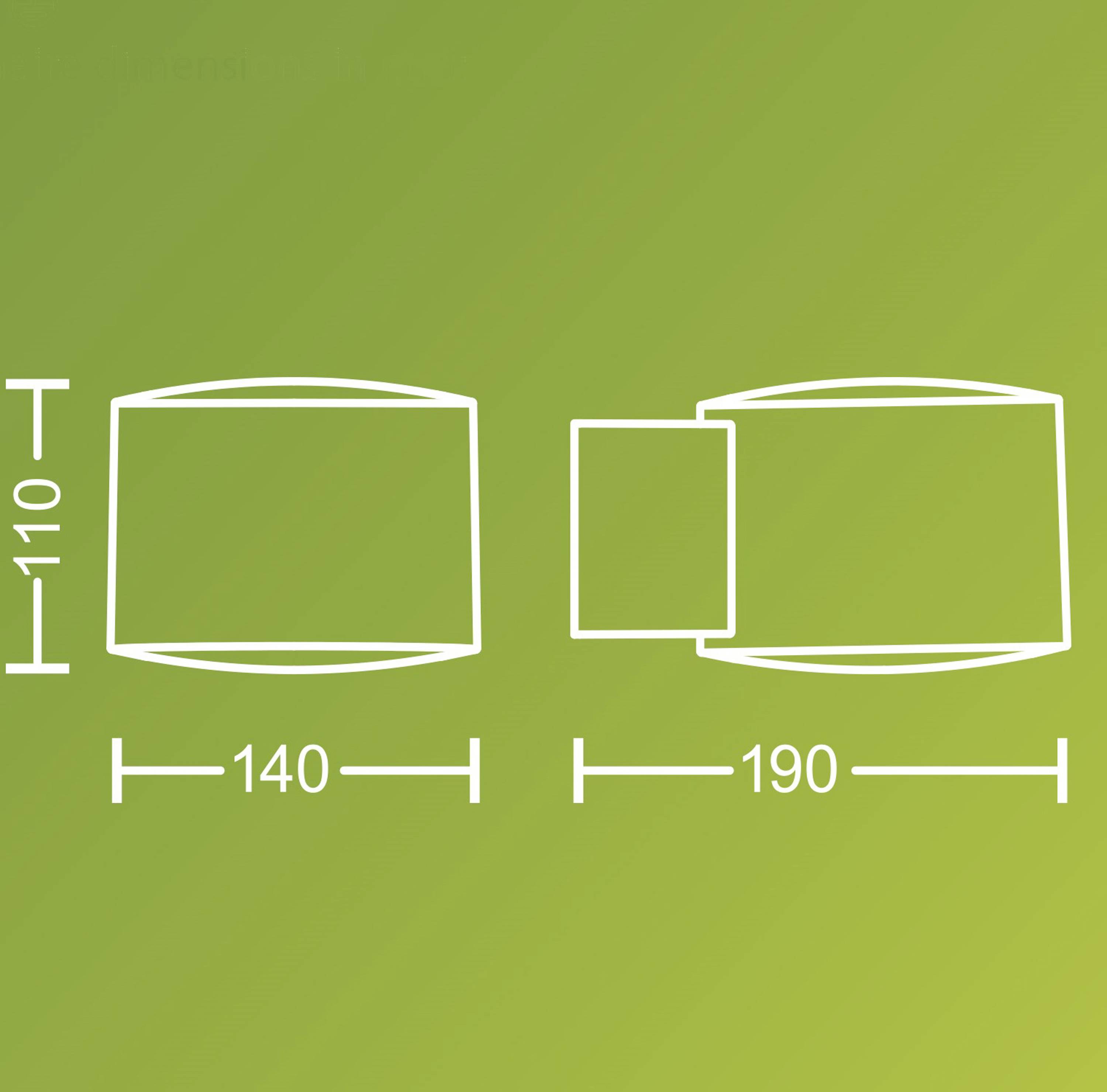 Drawing of a cylinder with two dimensions: 110 as height, 140 and 190 as widths. Greenish background.