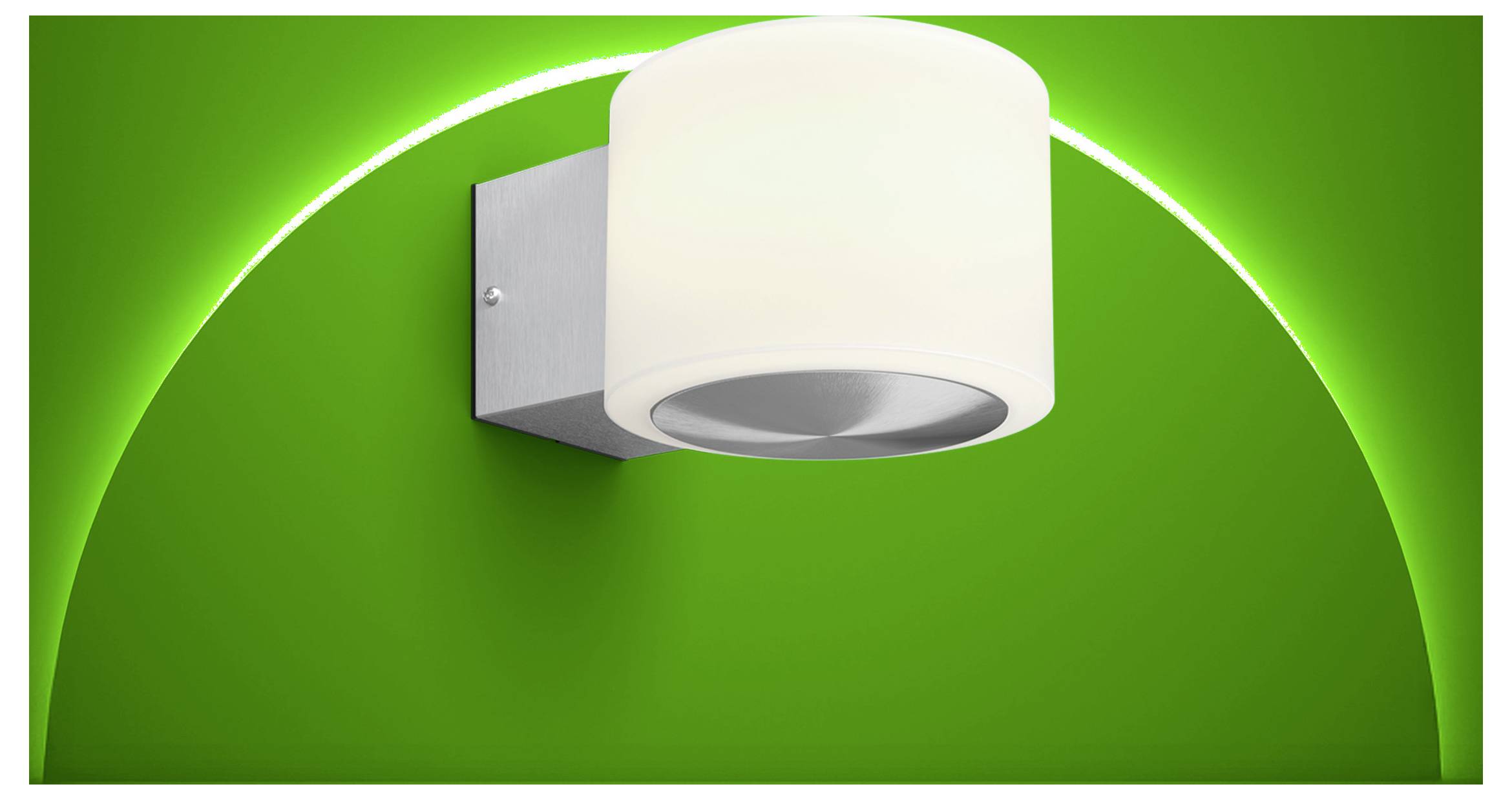White wall-mounted cylindrical light fixture on a bright green background, shown in a simple product-style illustration.