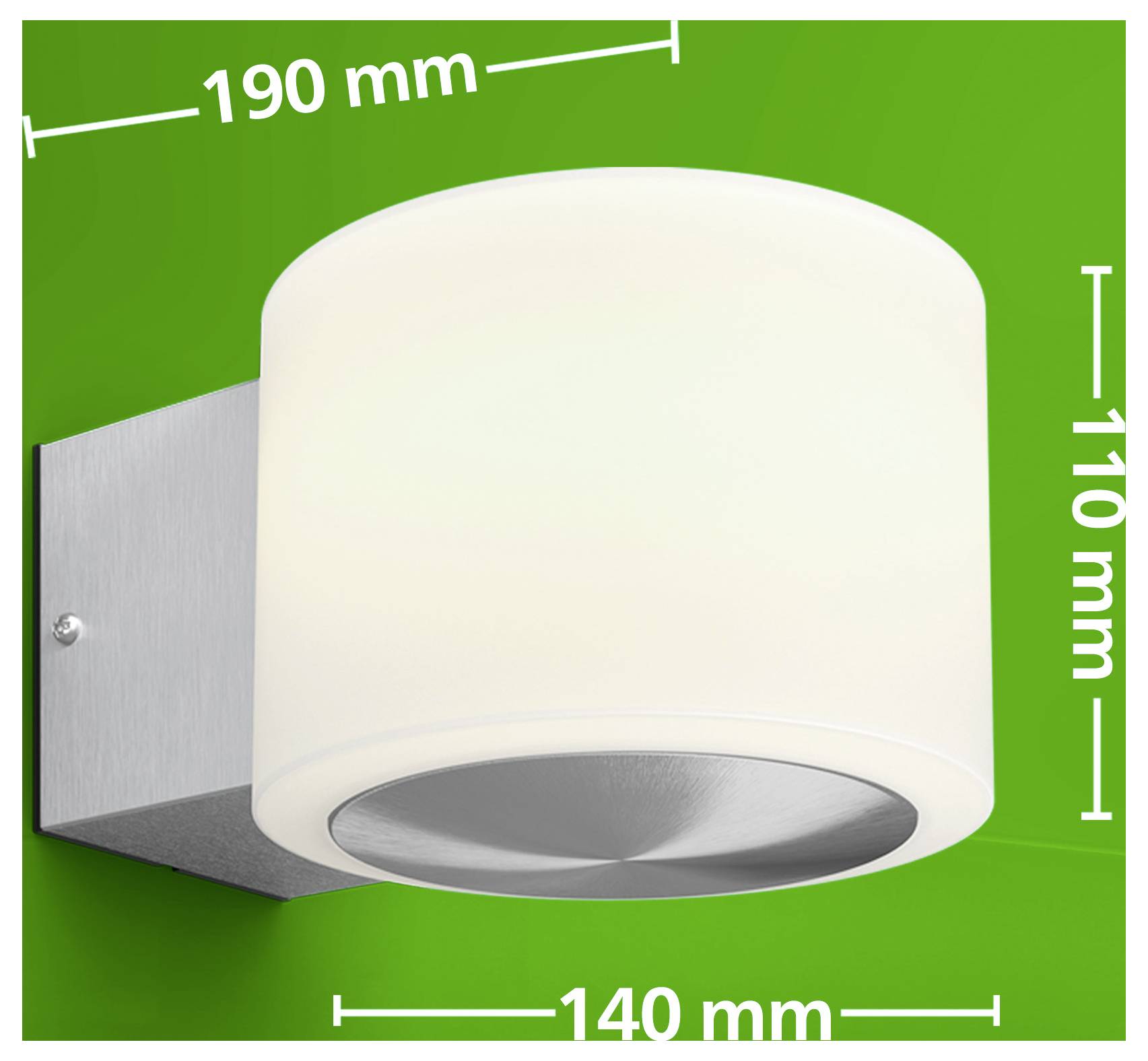 Wall-mounted cylindrical light fixture with frosted white shade and metal base, labeled 190 mm wide, 110 mm high, and 140 mm deep.