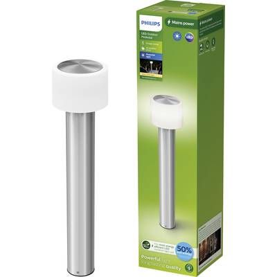 Philips solar-style LED outdoor garden light with stainless steel post beside green product box labeled '800 lumen' and '50% more energy saving'.