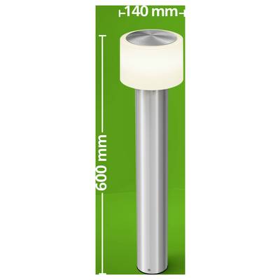 Cylindrical silver post light on a green background, labeled 600 mm tall and 140 mm wide.<br>