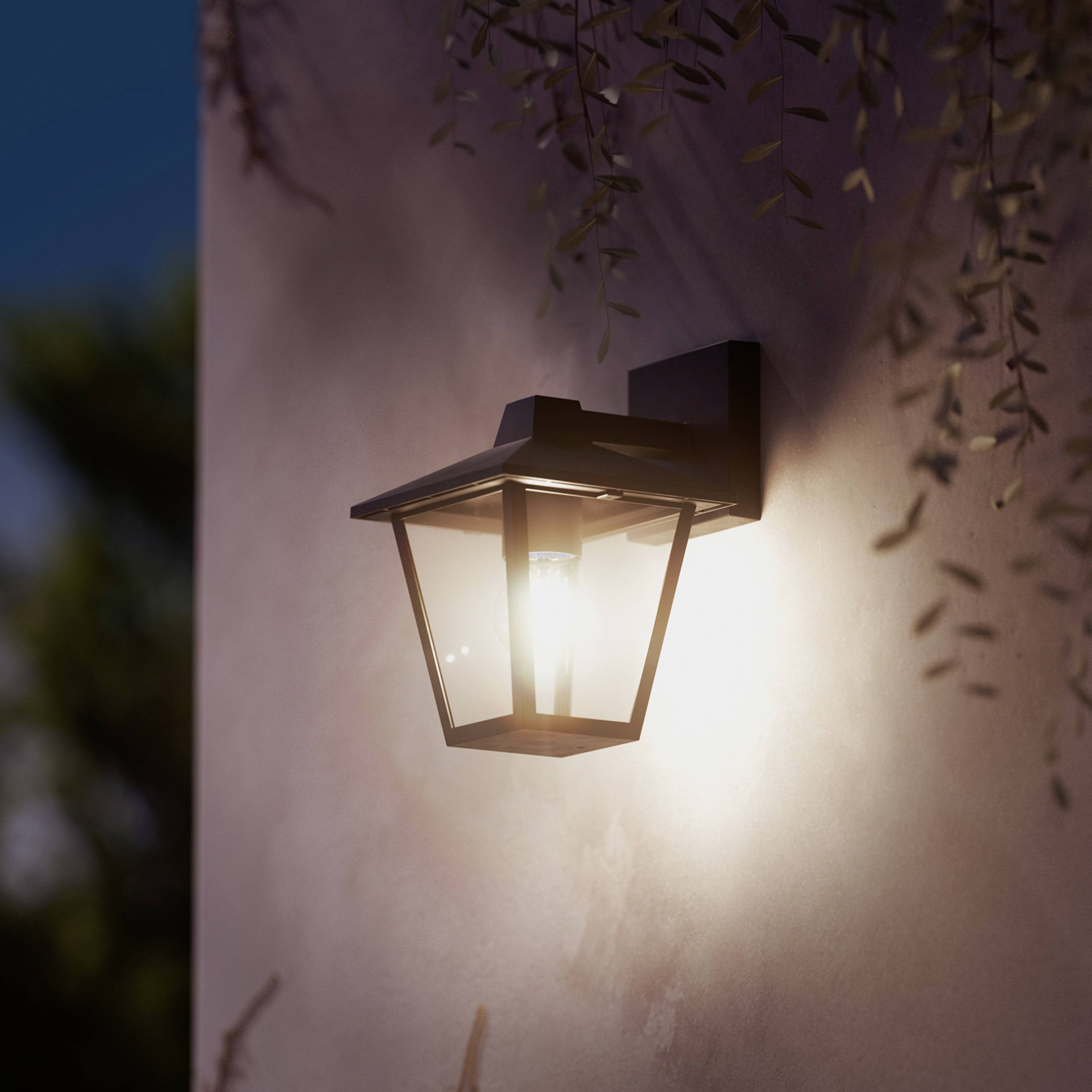External light mounted on a wall, emitting warm light at dusk, with a slightly blurred background of plants.