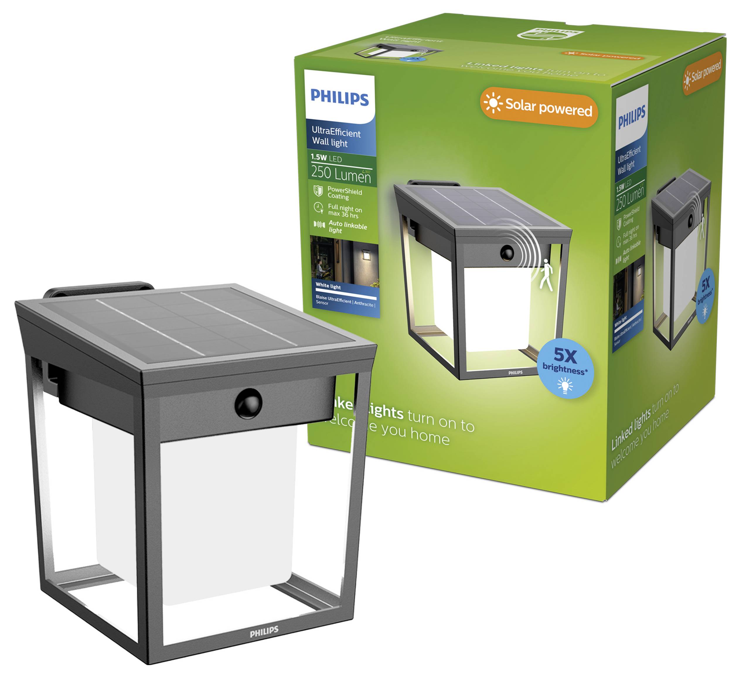 Philips solar-powered wall light with built-in LED, shown beside its green product box on a white background.<br>