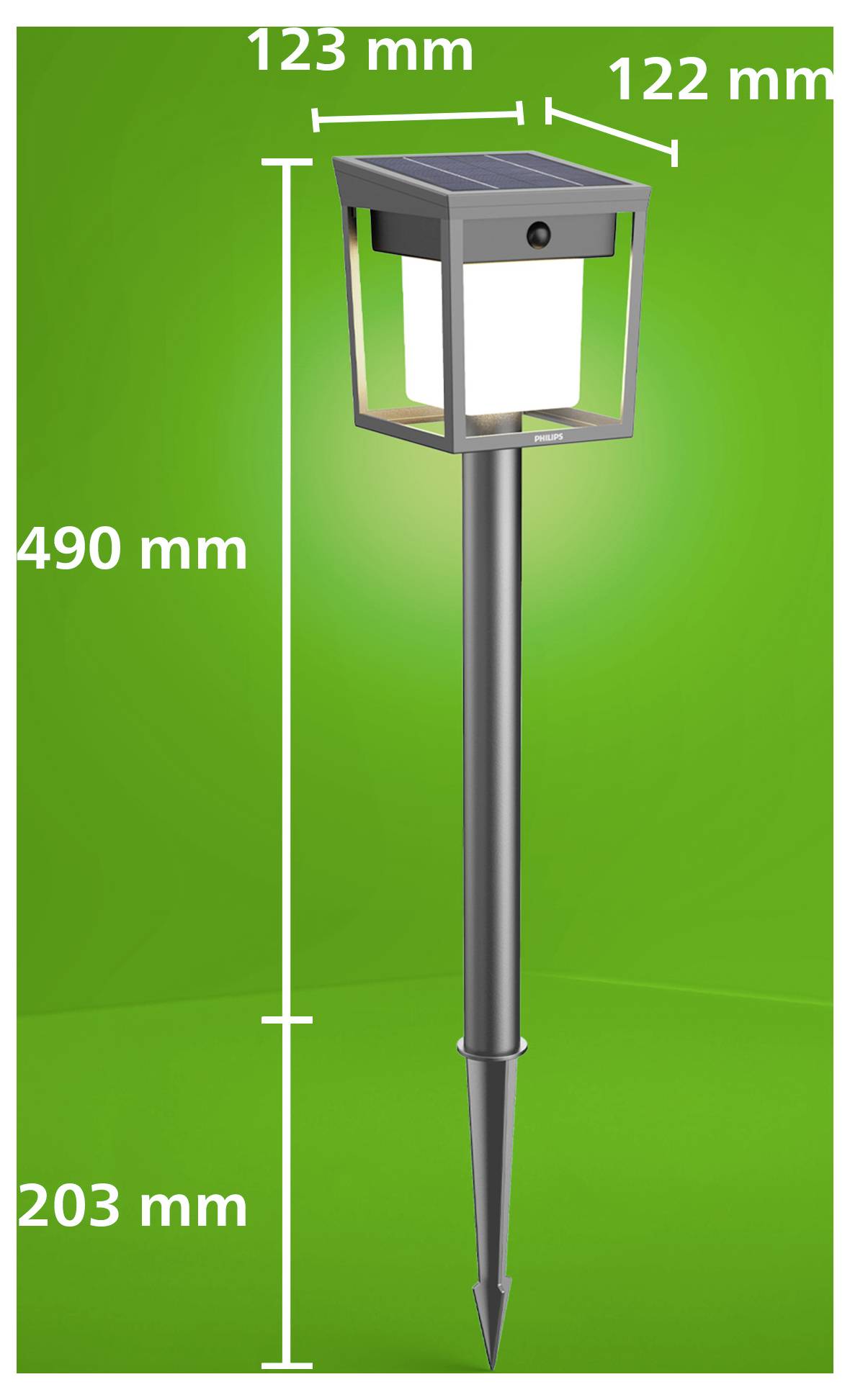 Solar garden path light on stake, shown with dimensions: 490 mm total height, 203 mm stake length, 123 mm top width, 122 mm depth.