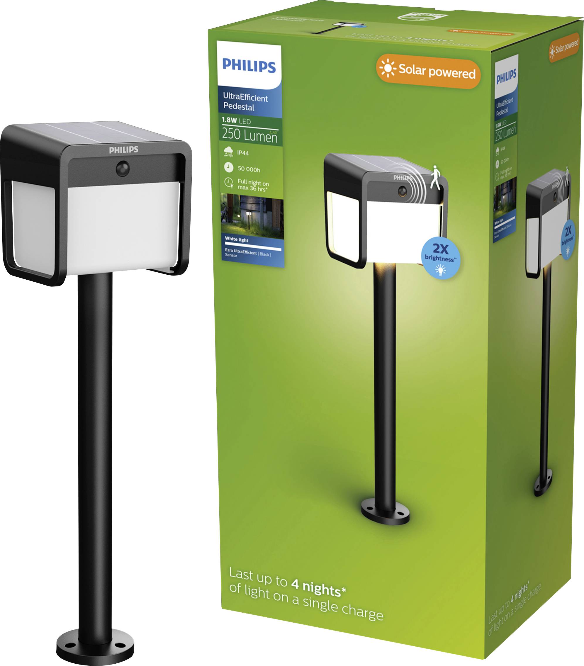 Philips solar-powered pedestal light and its green product box, labeled 'UltraEfficient Pedestal', '250 Lumen', and 'Last up to 4 nights' of light on a single charge.