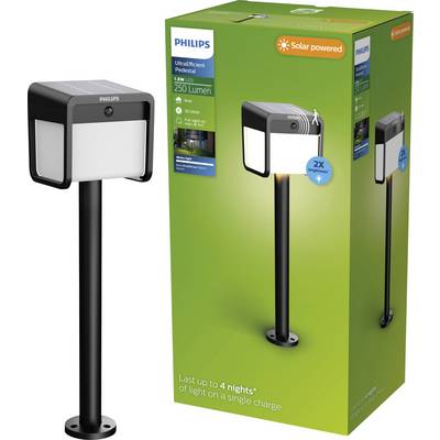 Philips solar-powered pedestal light and its green product box, labeled 'UltraEfficient Pedestal', '250 Lumen', and 'Last up to 4 nights' of light on a single charge.