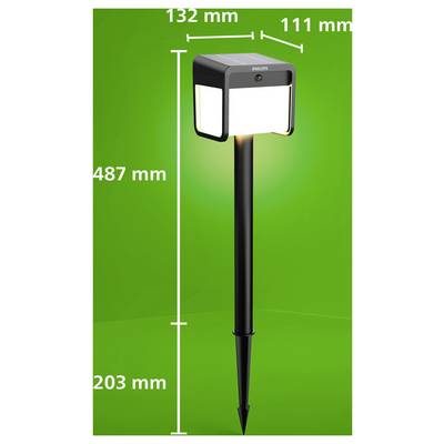 Measurement graphic of a Philips solar garden lamp on a stake, showing dimensions: 132 mm wide, 111 mm deep, 487 mm total height, and 203 mm lower section.